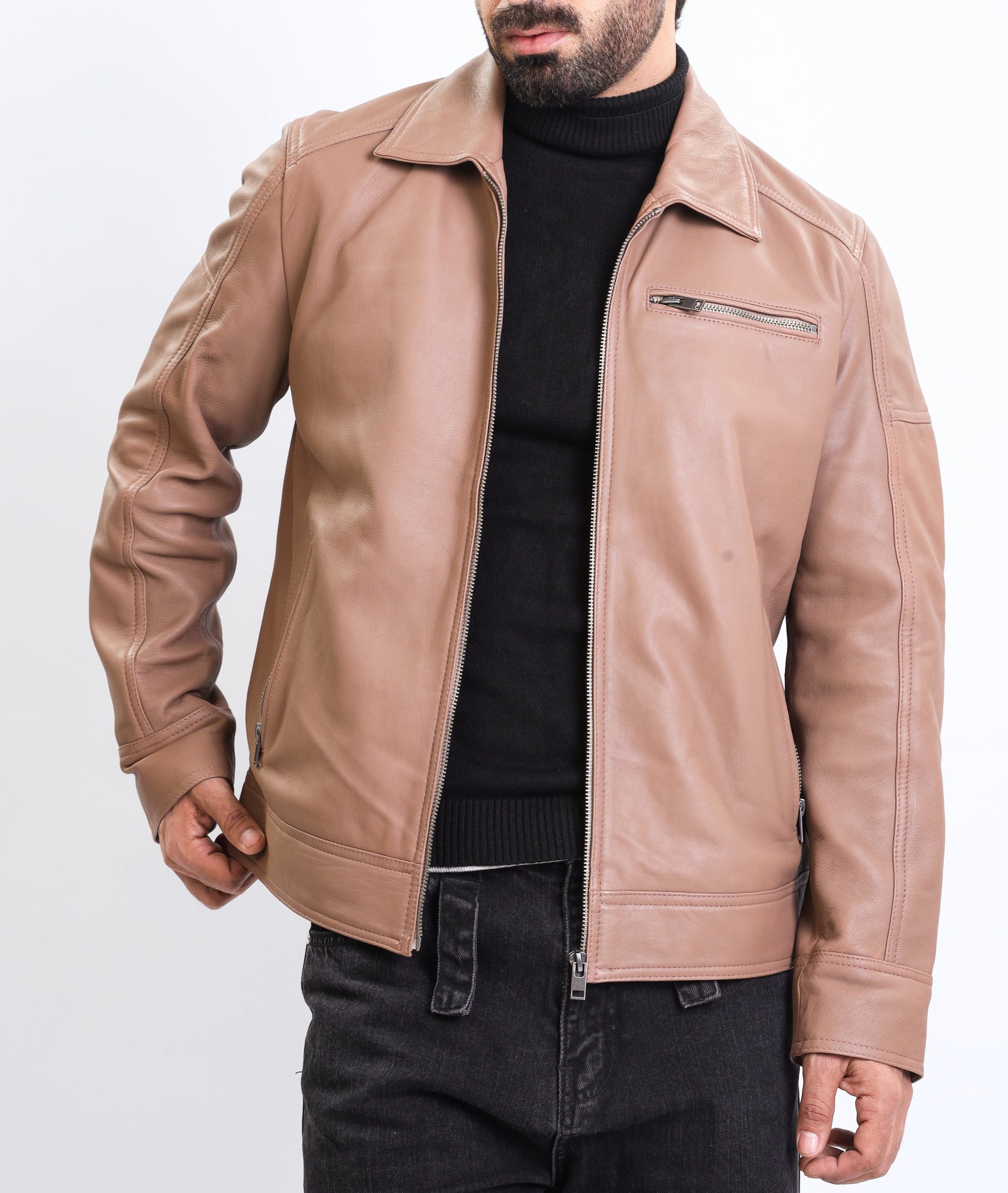 Polo Collar Premium Leather Jacket (Tan)