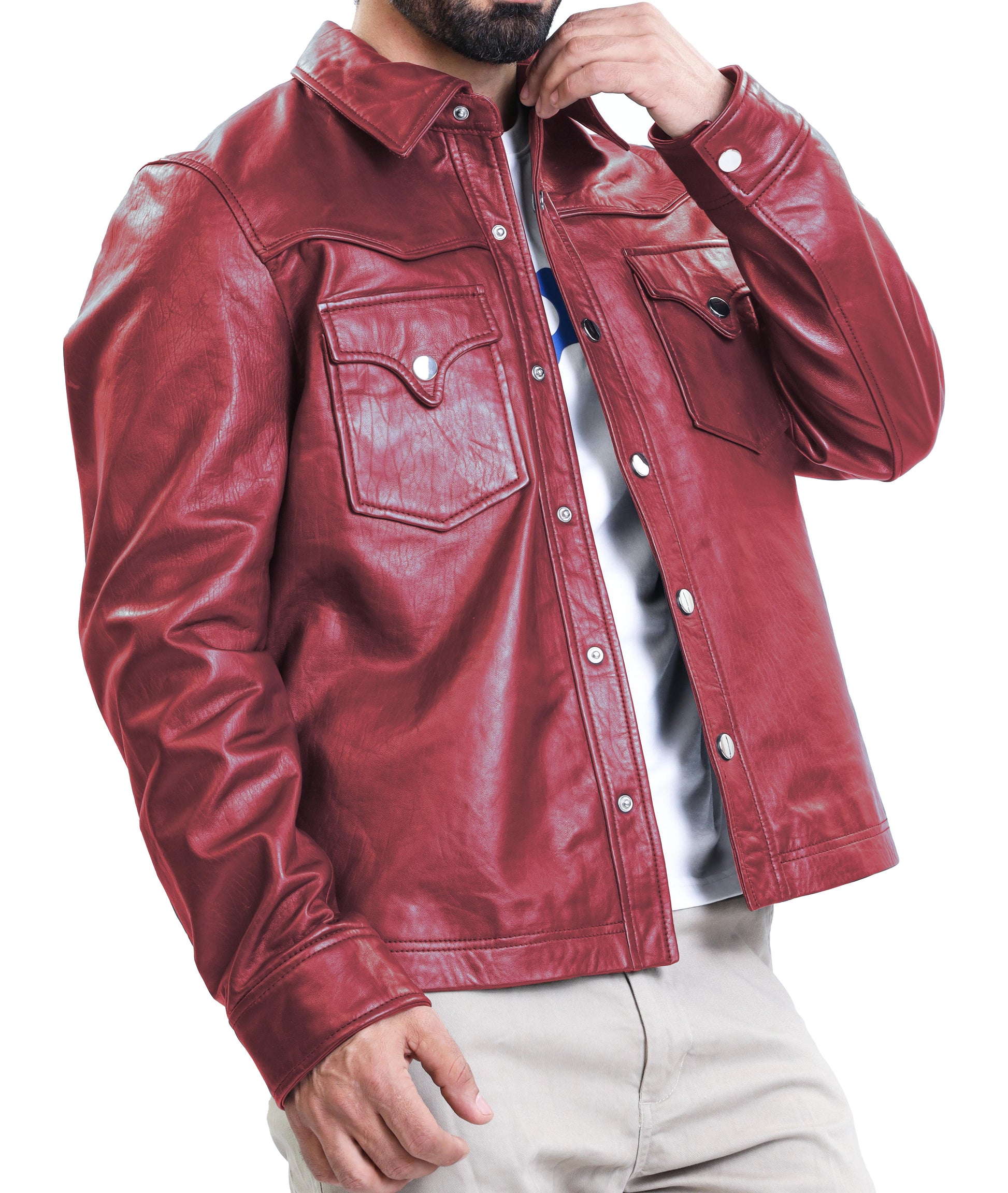 Leather Shirt - Lambskin Leather Blazer Men (Burgundy)