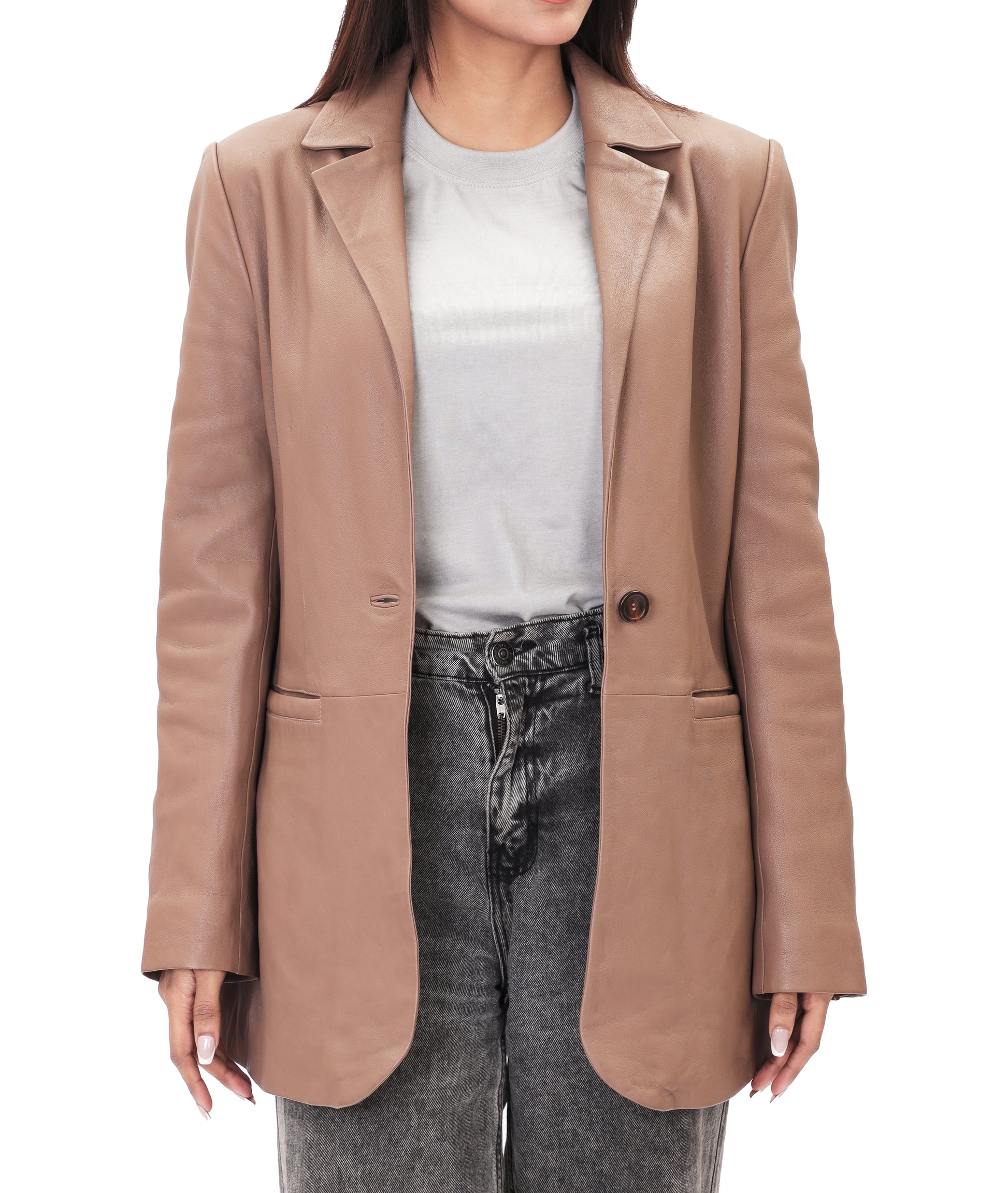 Classic 2-Button Lambskin Leather Blazer (Tan)