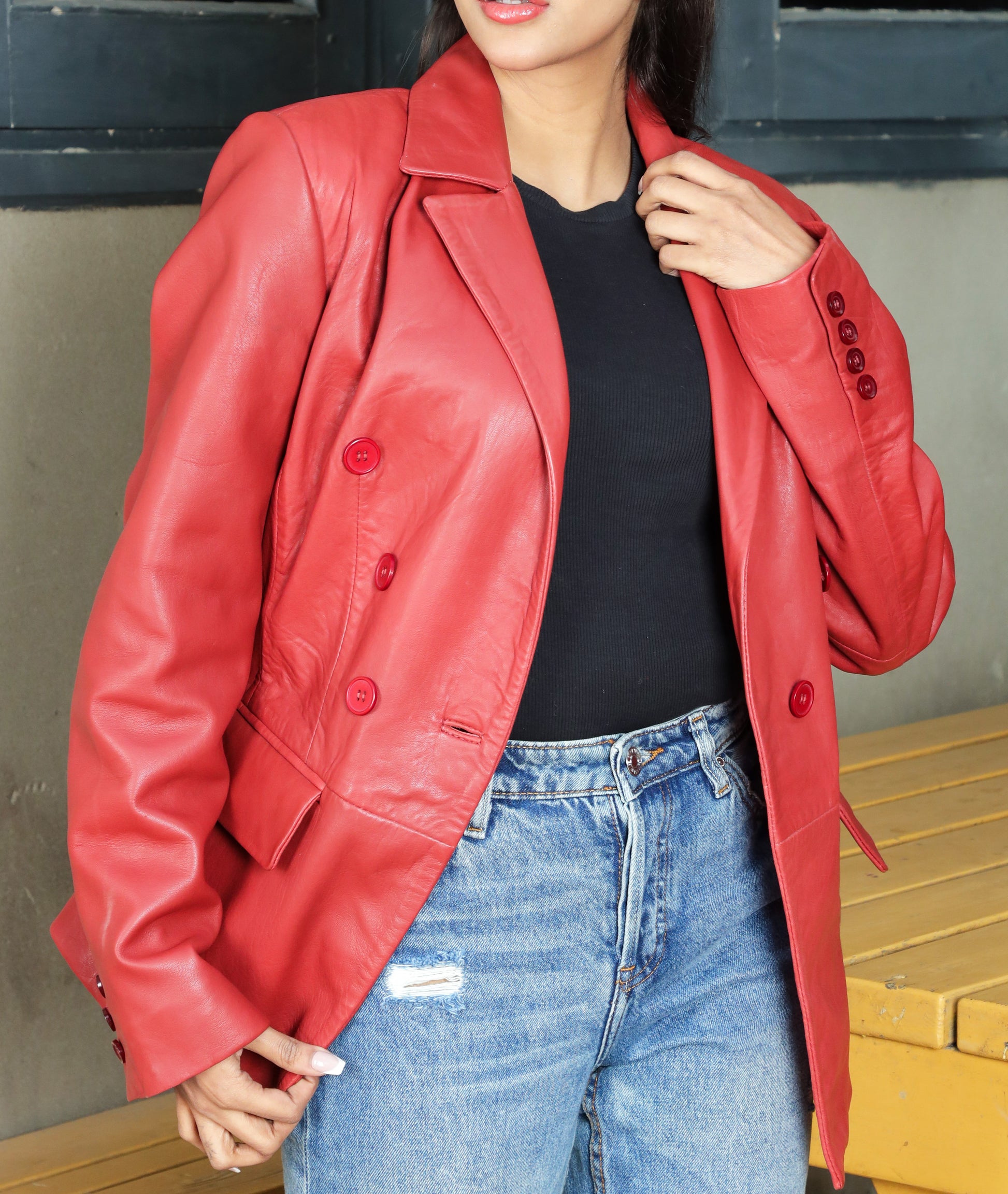 Double Breasted Fancy Buttons Lambskin Leather Blazer (Red)