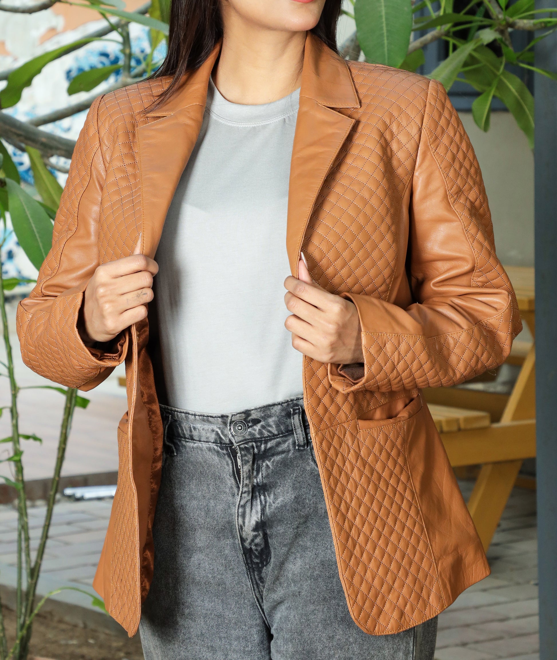 Quilted Front Lambskin Leather Blazer (Cognac)