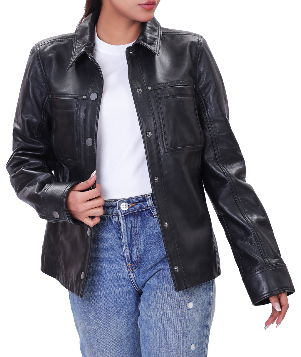 Button Front Lambskin Leather Blazer (Black)