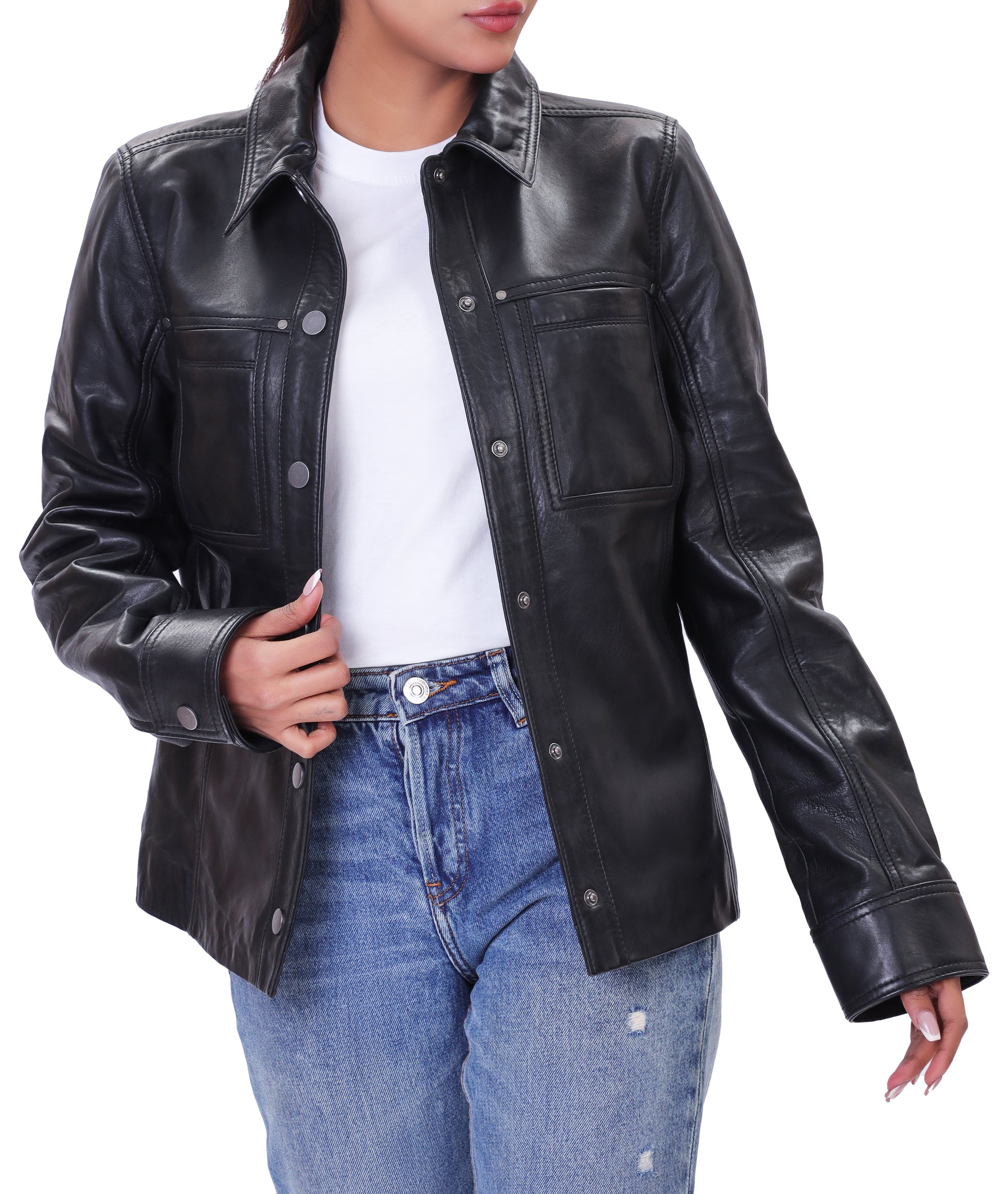 Button Front Lambskin Leather Blazer (Black)