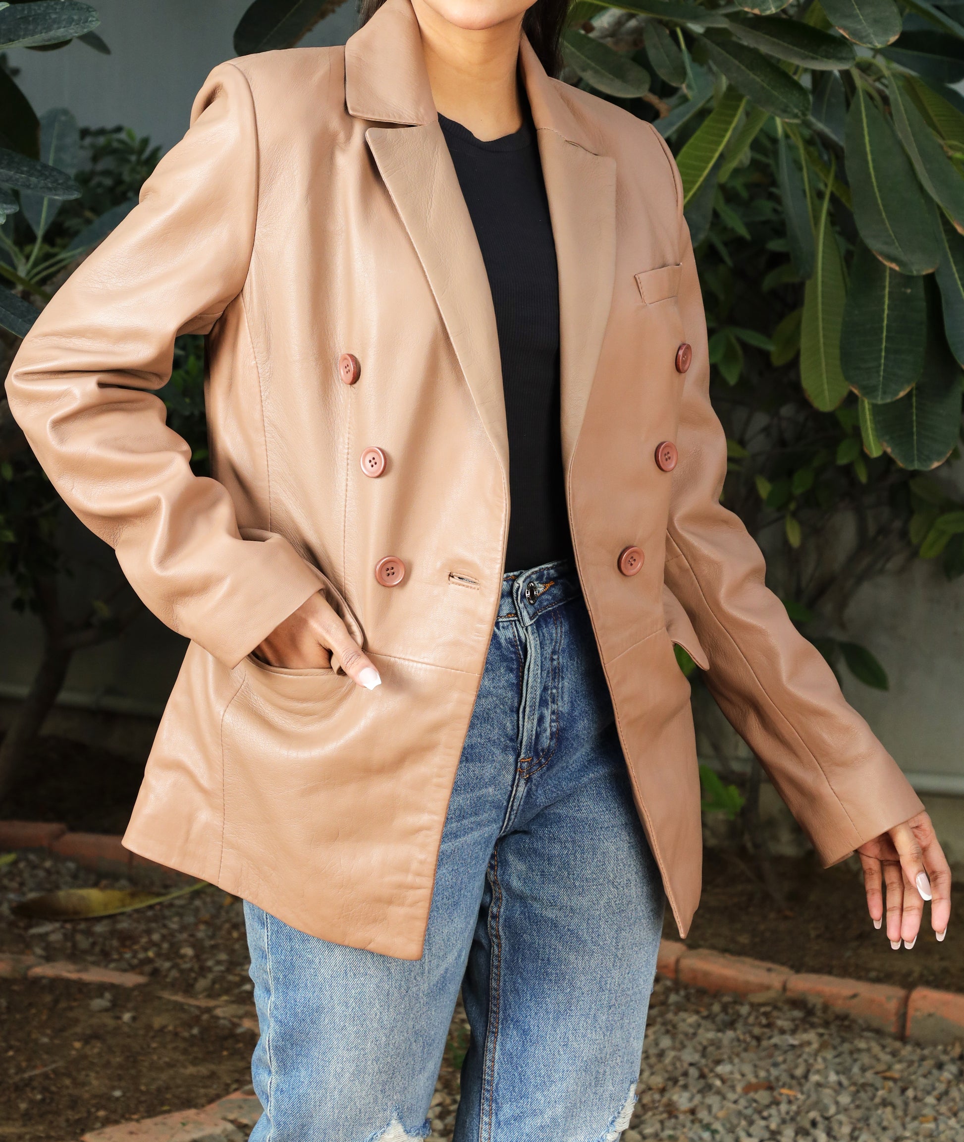 Double Breasted Fancy Buttons Lambskin Leather Blazer (Tan)