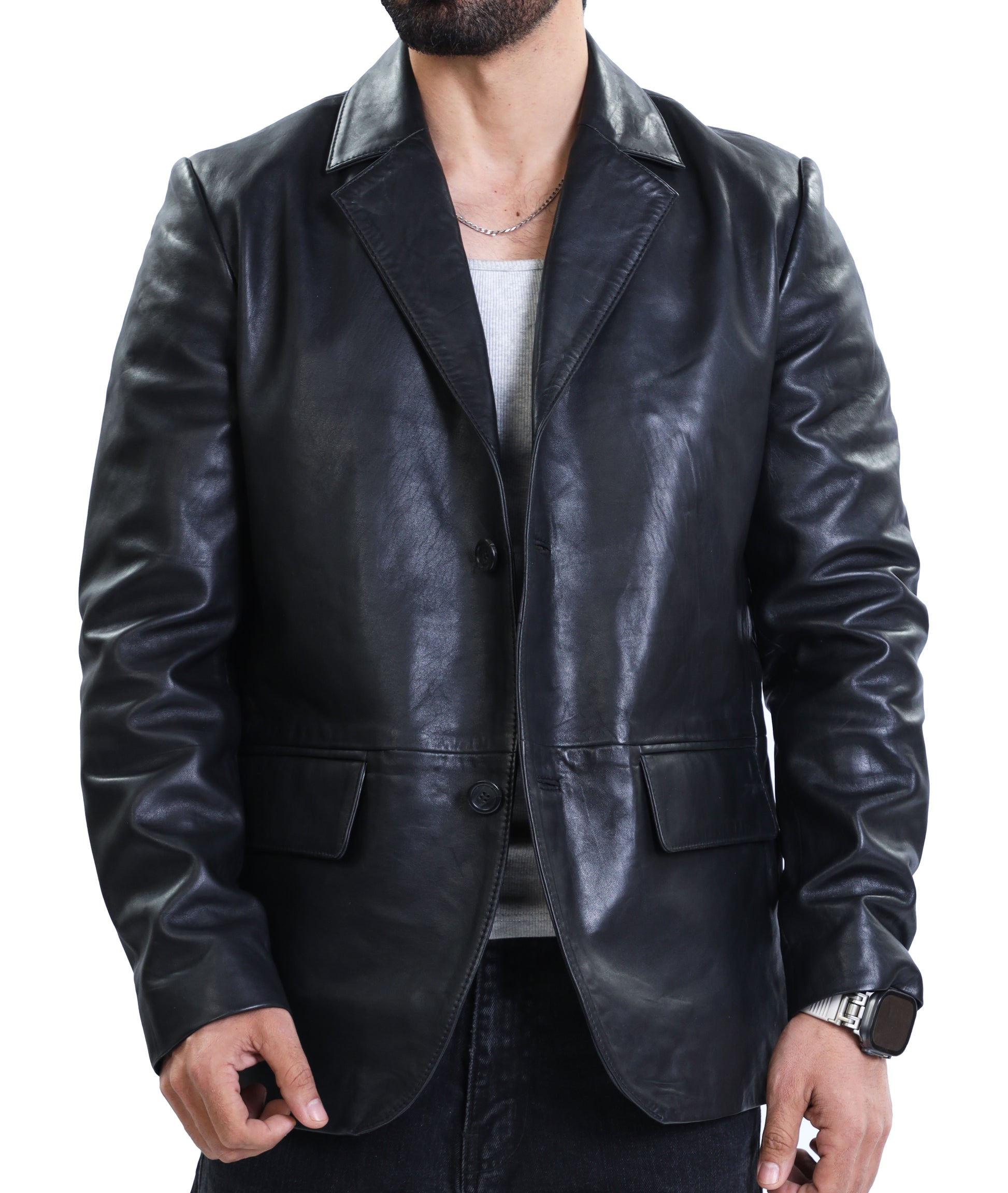 Notched Collar Classic Bond’s Style Ultimate Leather Blazer (Black)