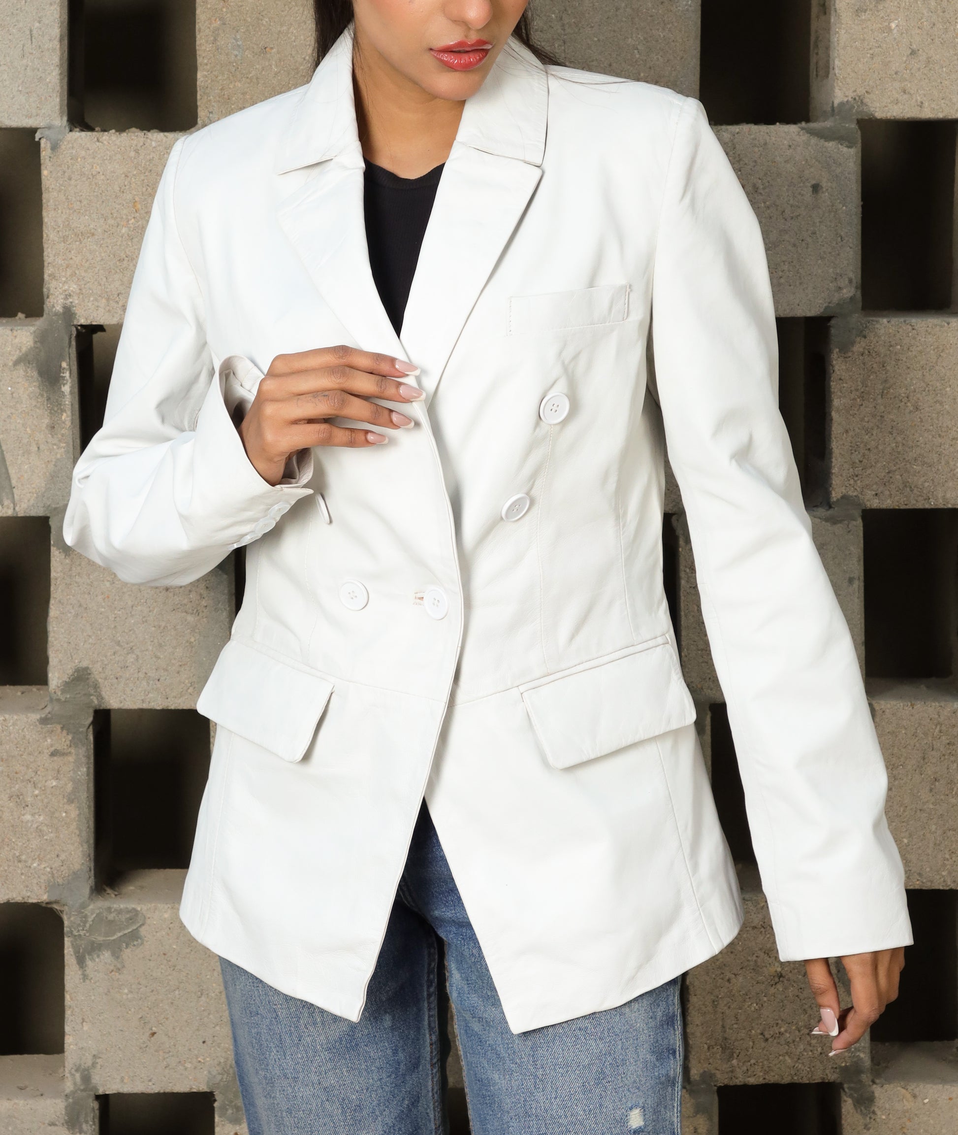 Double Breasted Fancy Buttons Lambskin Leather Blazer (White)