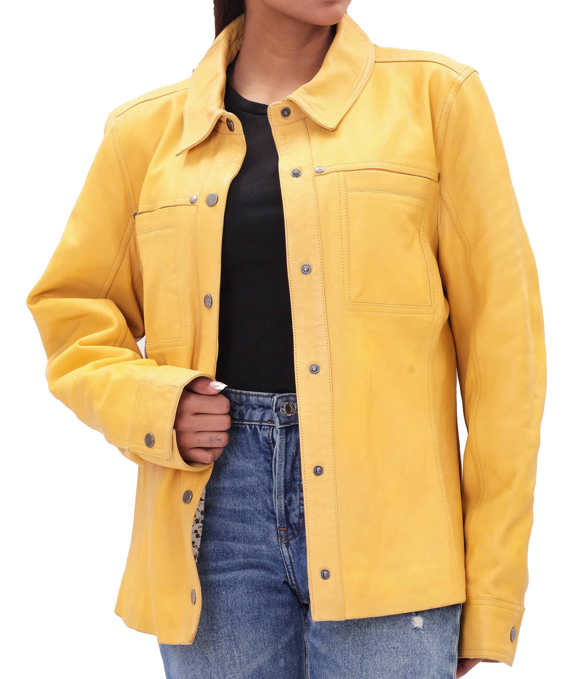 Button Front Lambskin Leather Blazer (Yellow)