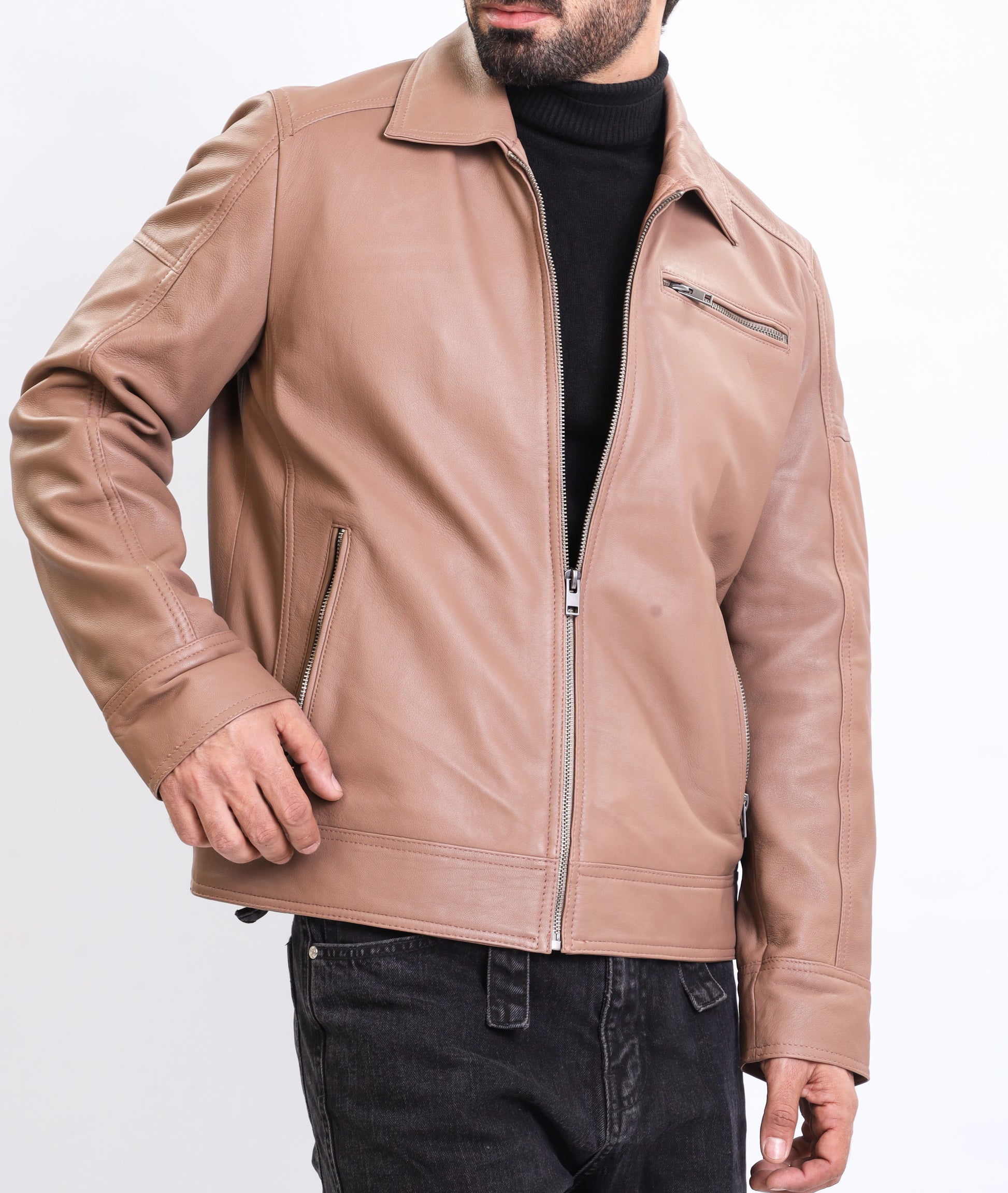 Polo Collar Premium Leather Jacket (Tan)