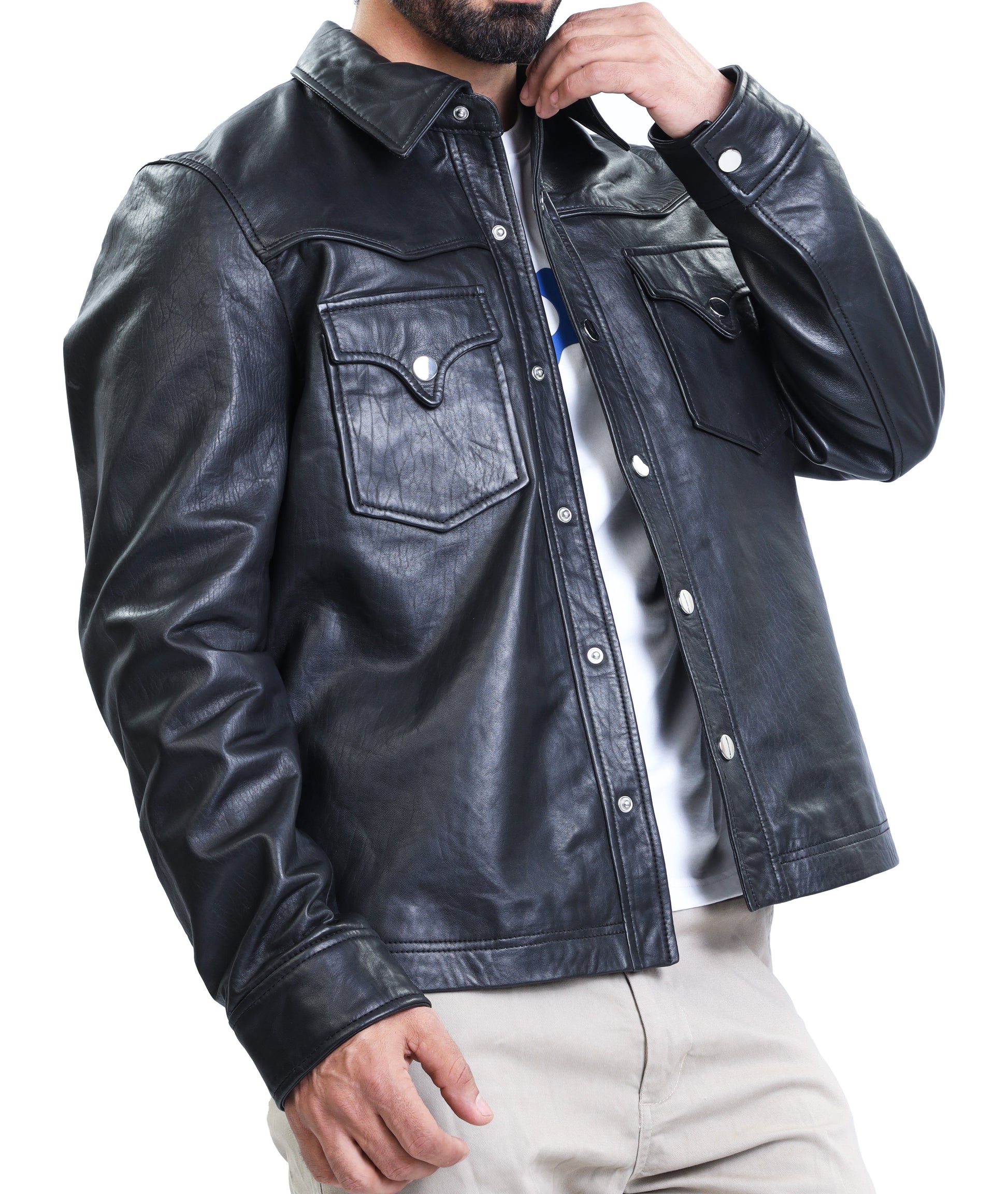 Leather Shirt - Lambskin Leather Blazer Men (Black)