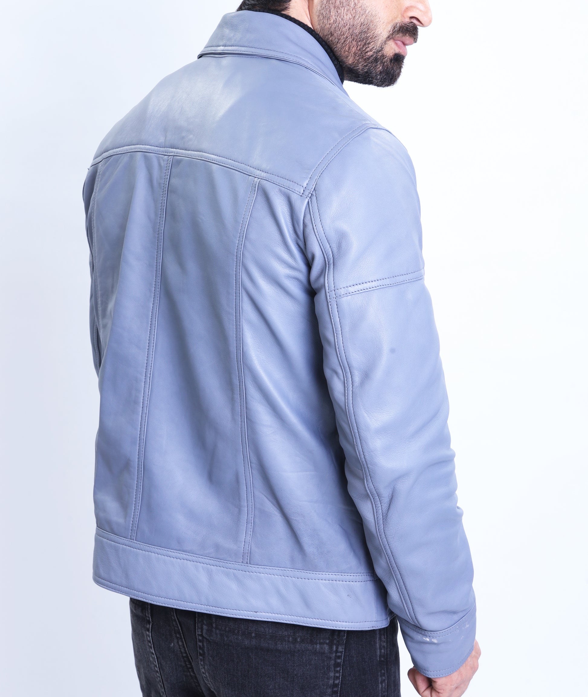 Polo Collar Premium Leather Jacket (Blue)