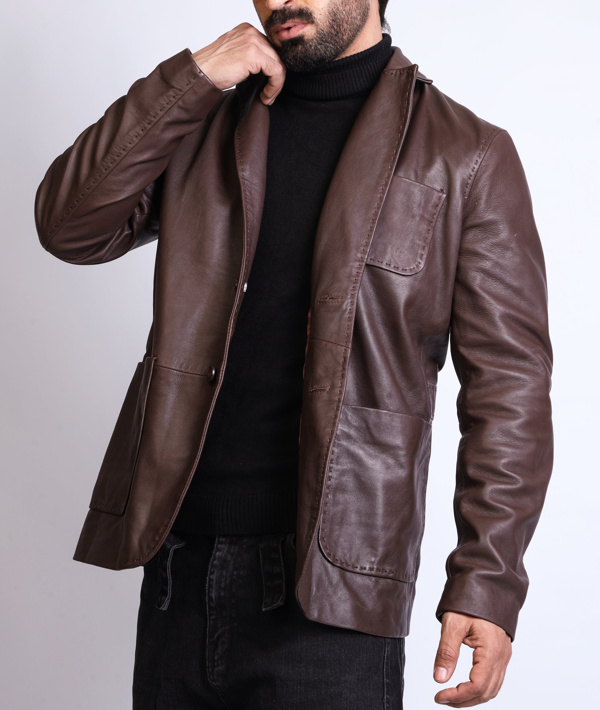 Lambskin Leather Blazer Men Casual Coat (Brown)