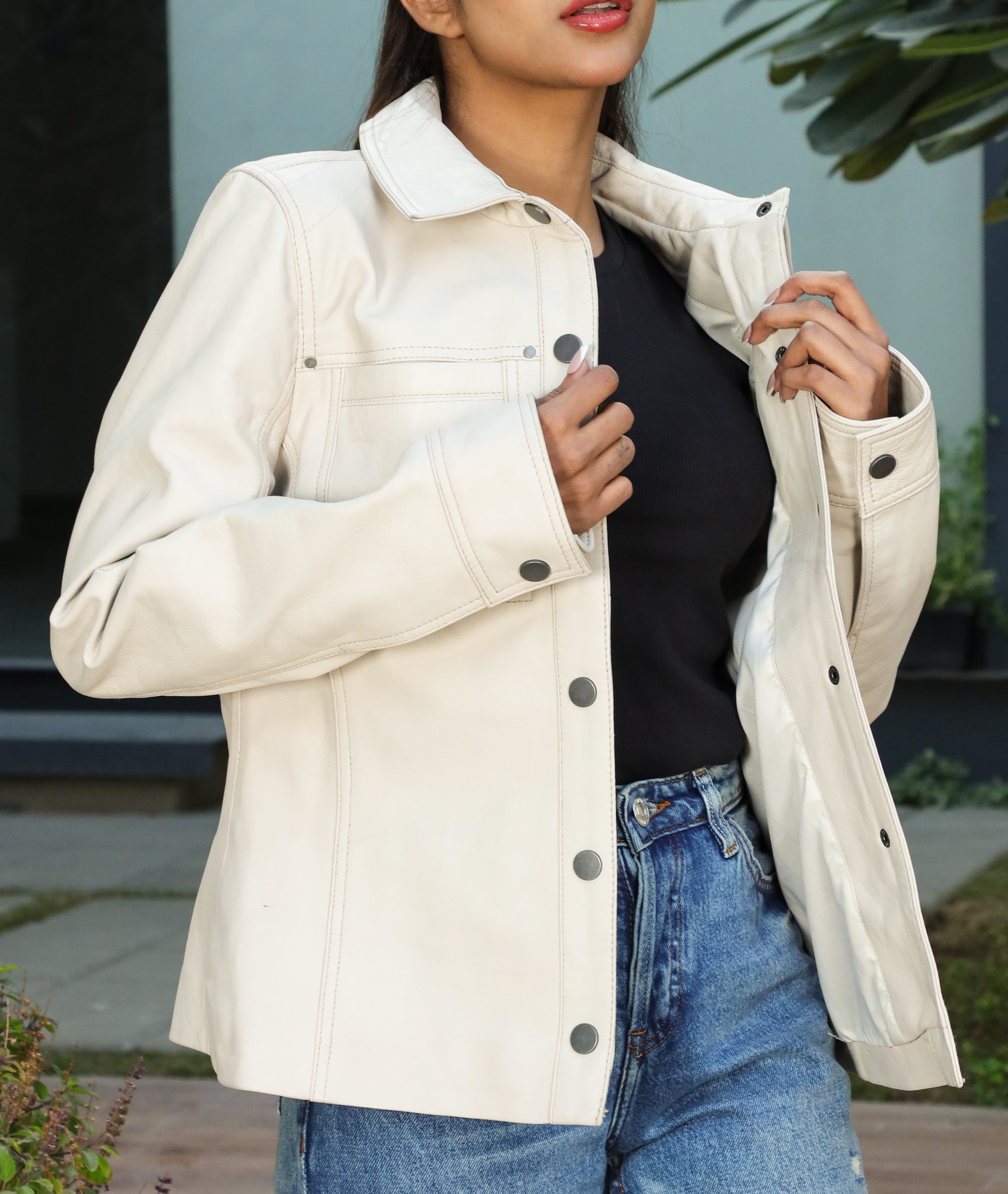 Button Front Lambskin Leather Blazer (Ash White)