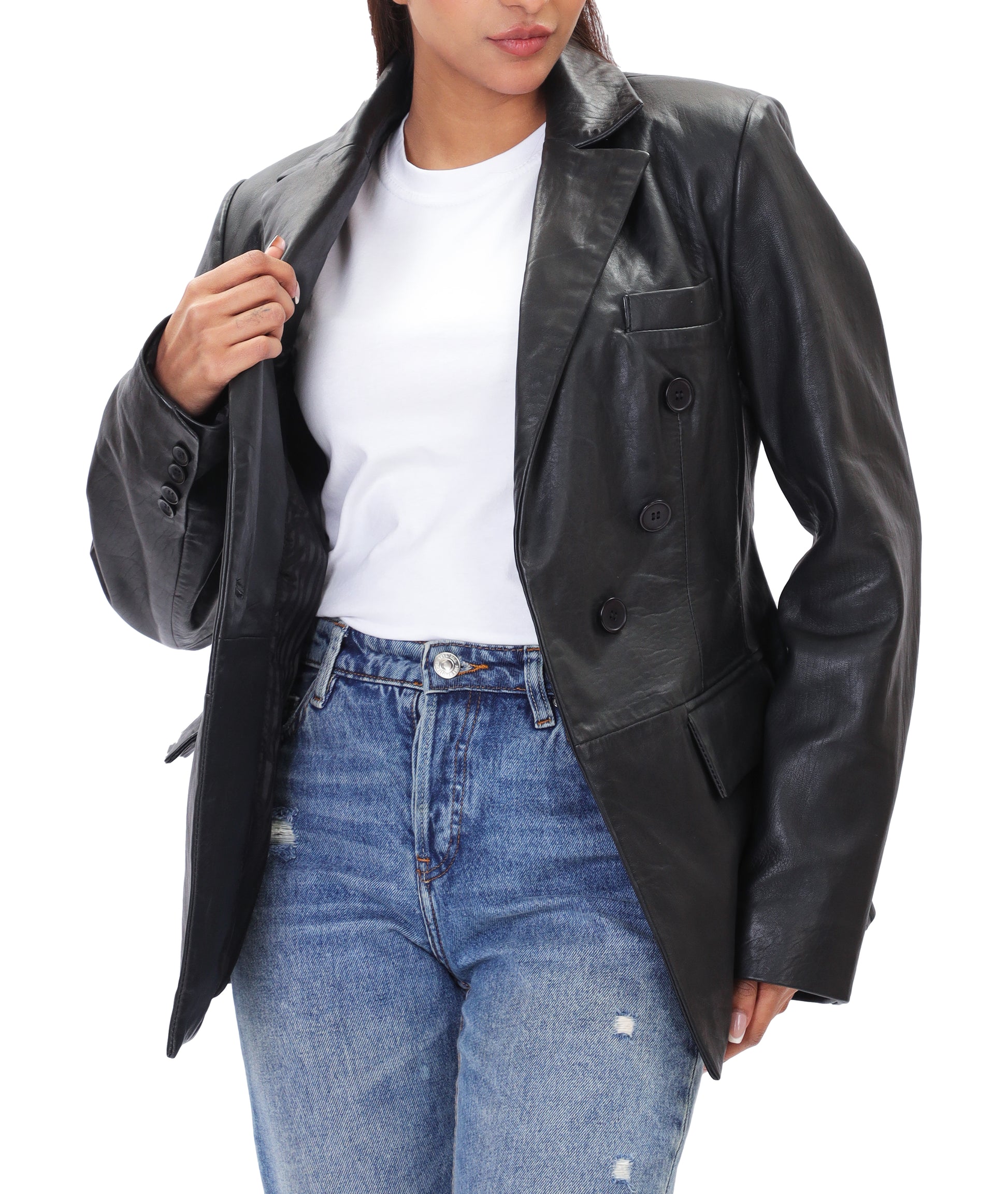 Double Breasted Fancy Buttons Lambskin Leather Blazer (Black)