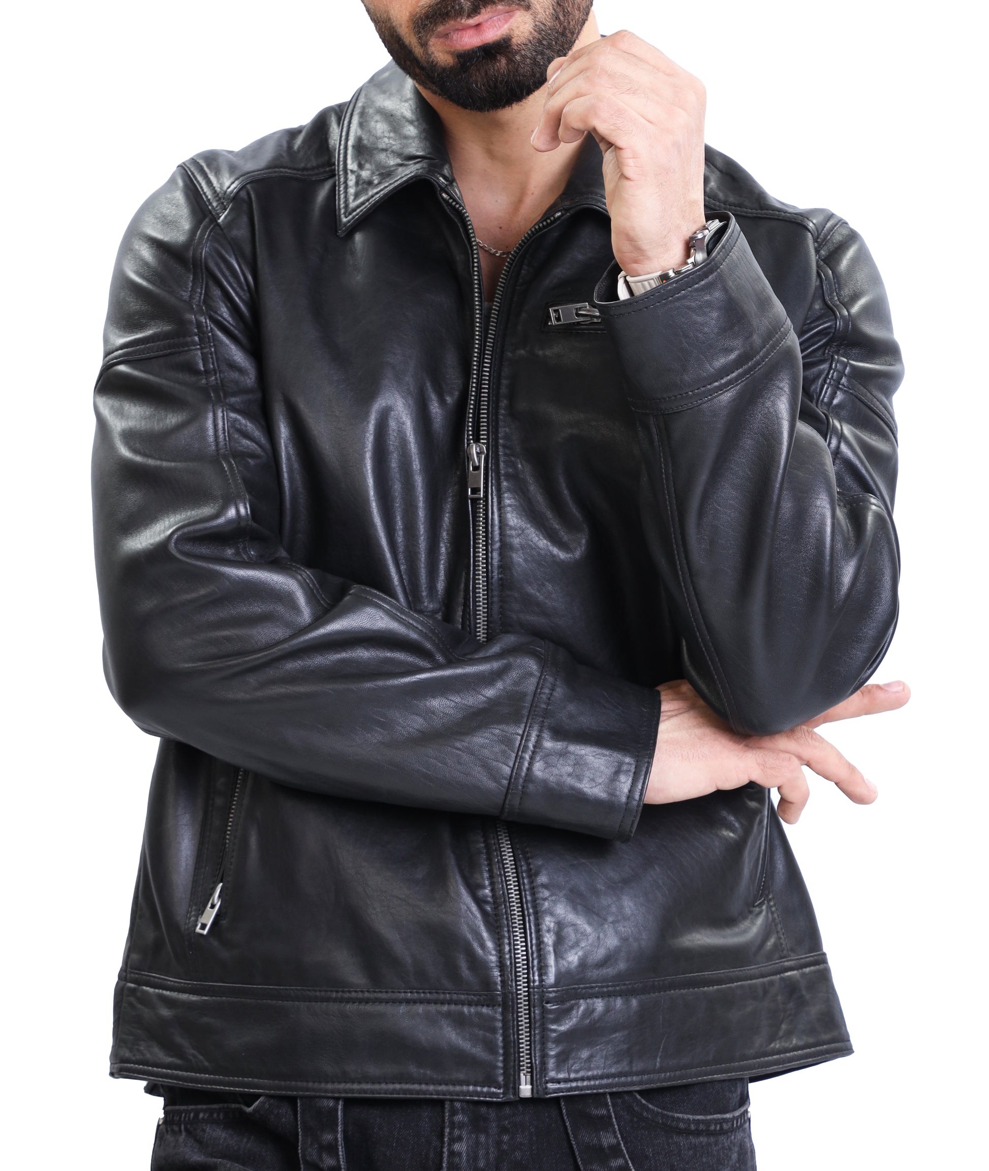 Polo Collar Premium Leather Jacket (Black)