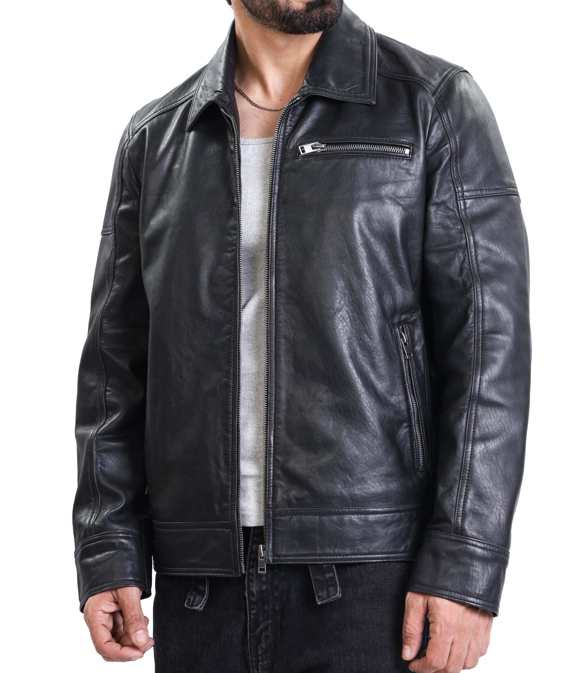 Polo Collar Premium Leather Jacket (Black)