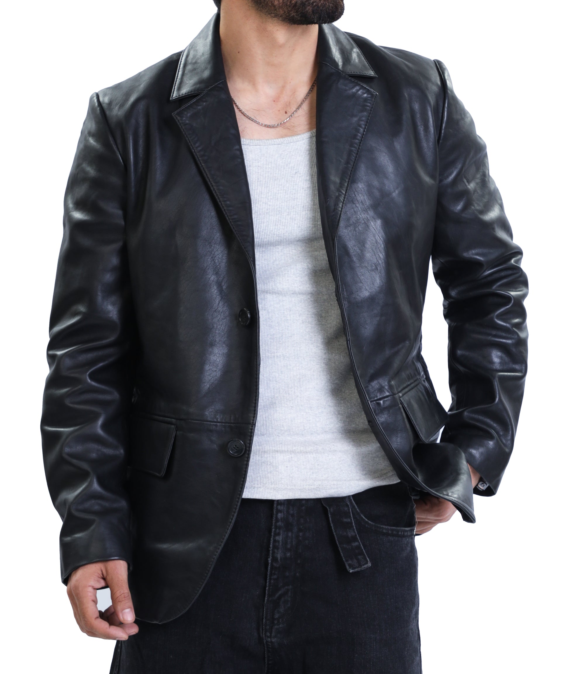 Notched Collar Classic Bond’s Style Ultimate Leather Blazer (Black)