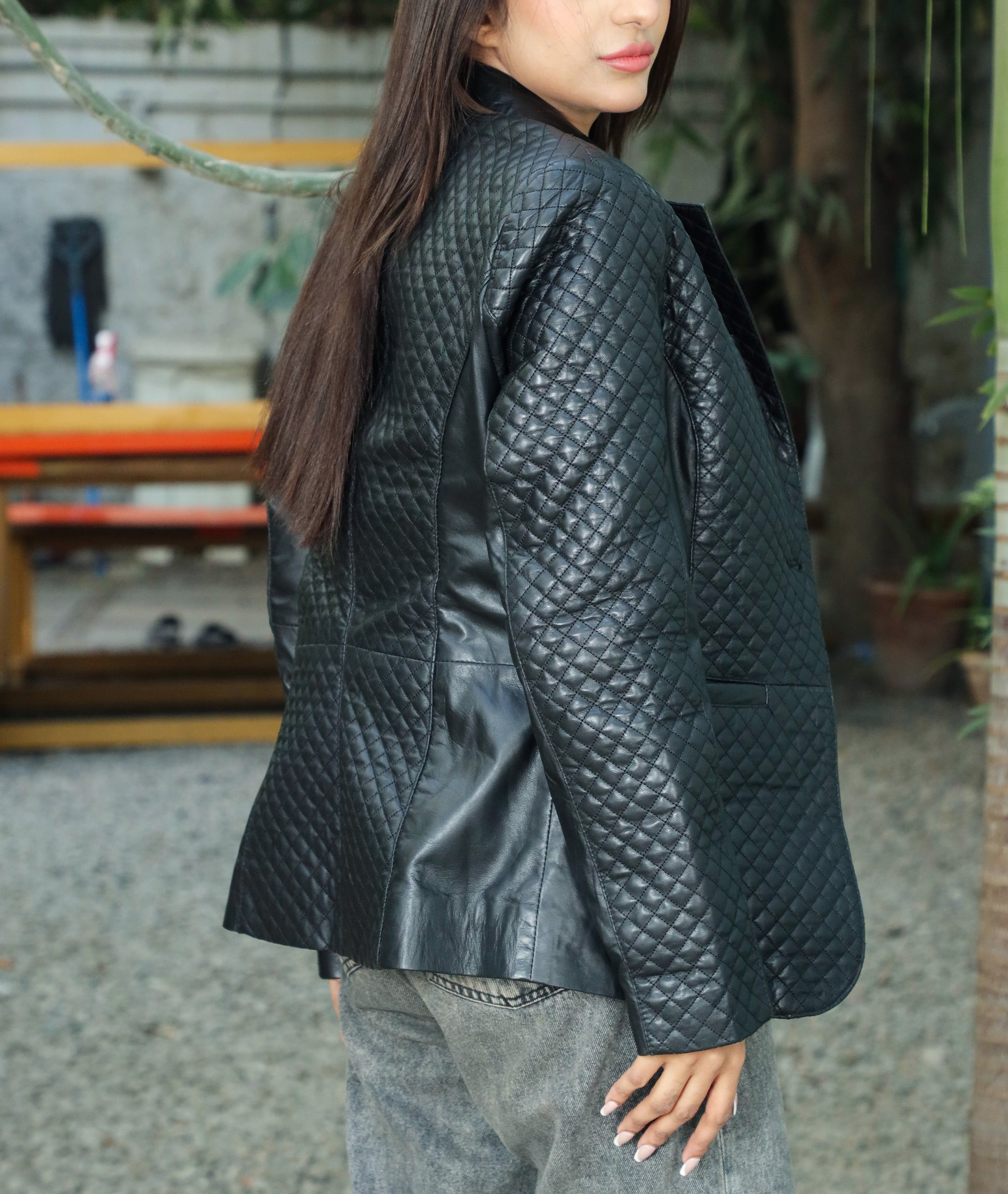 Quilted Front Lambskin Leather Blazer (Black)