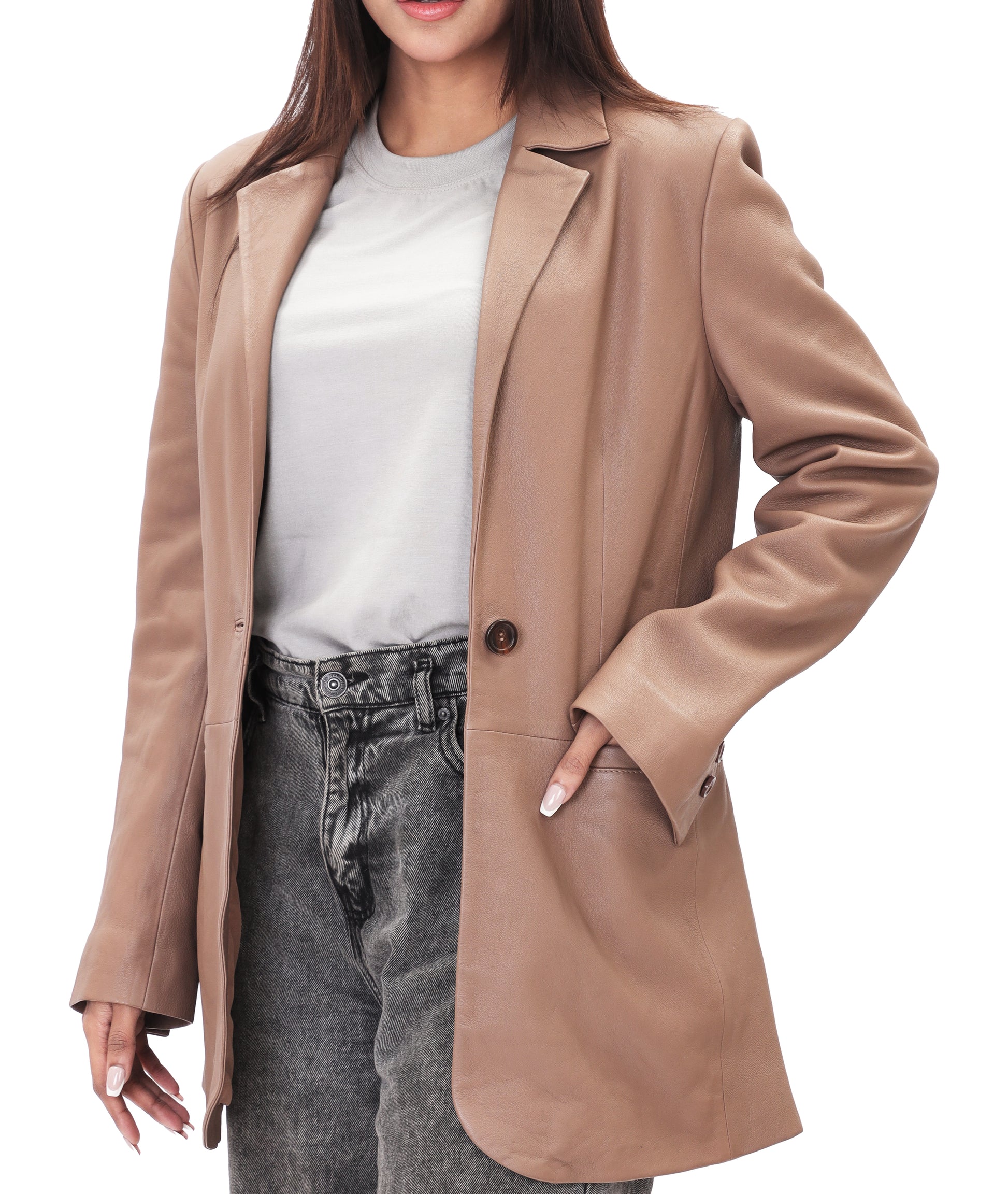 Classic 2-Button Lambskin Leather Blazer (Tan)