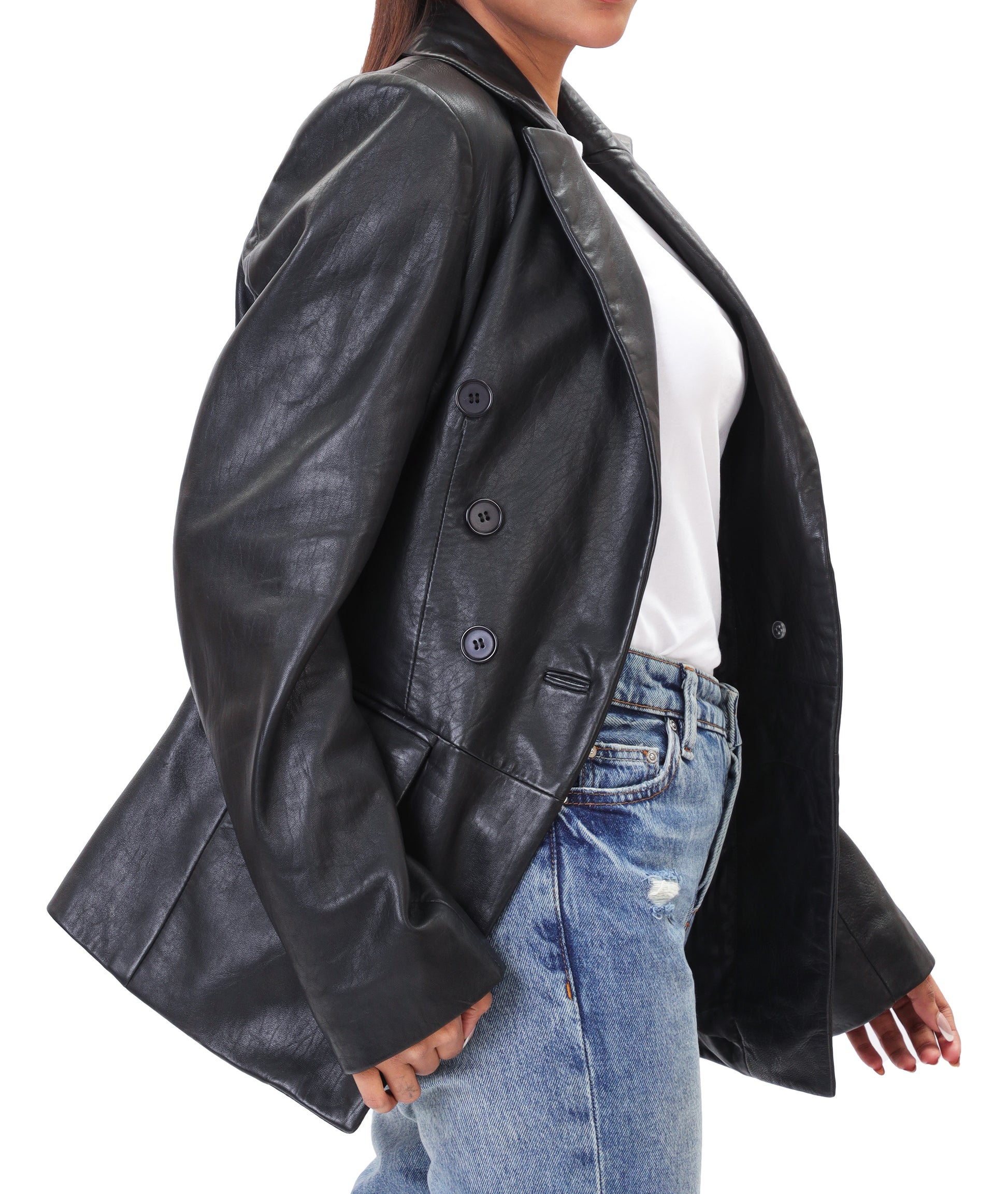 Double Breasted Fancy Buttons Lambskin Leather Blazer (Black)