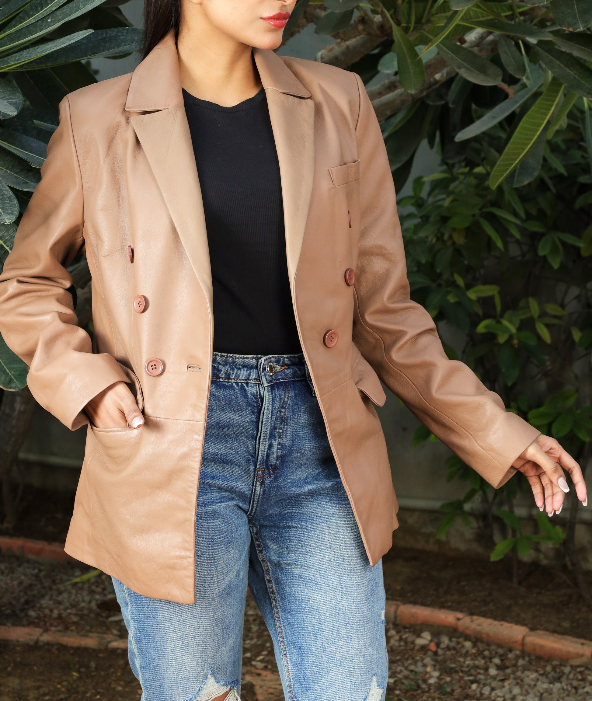 Double Breasted Fancy Buttons Lambskin Leather Blazer (Tan)