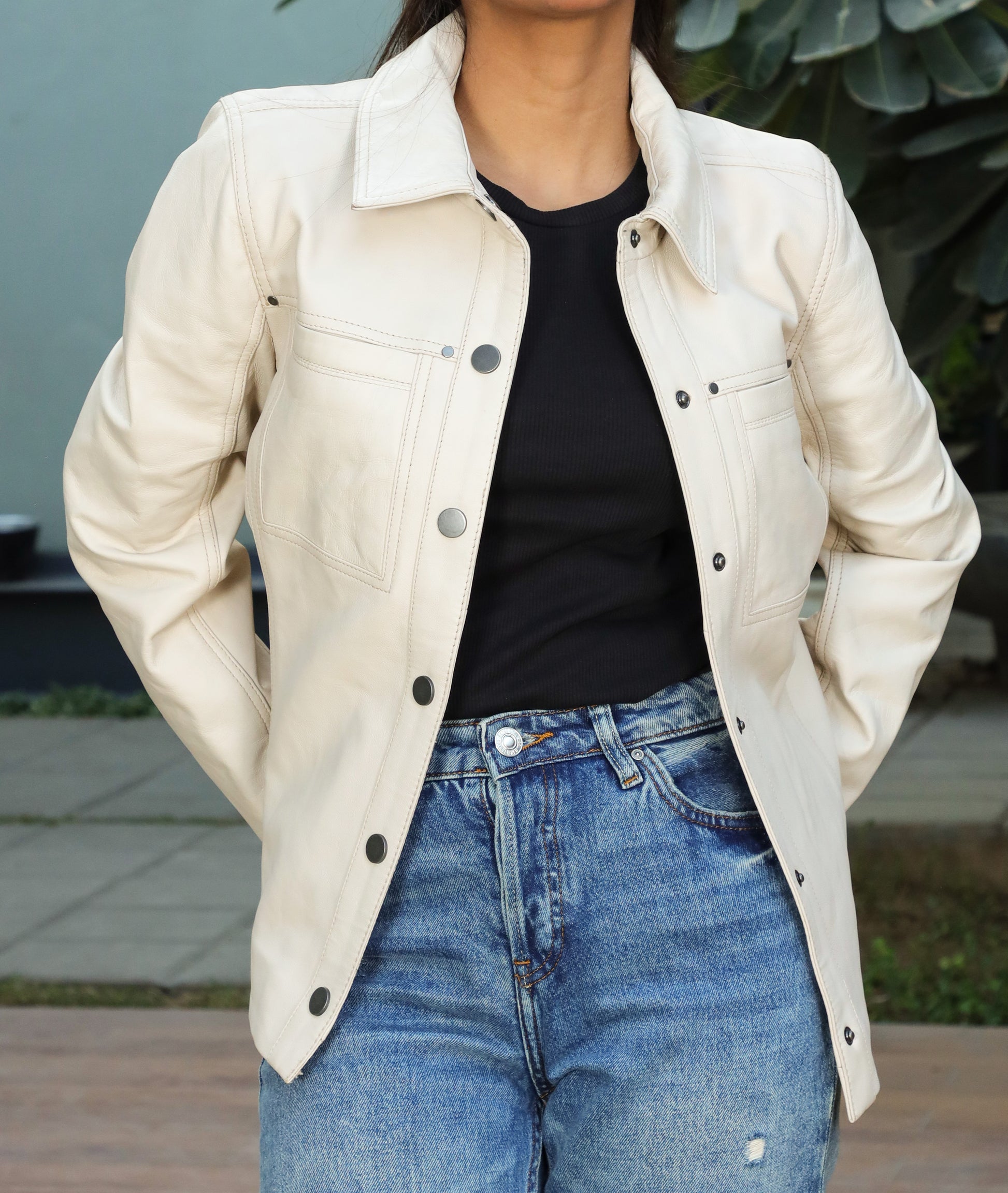Button Front Lambskin Leather Blazer (Ash White)