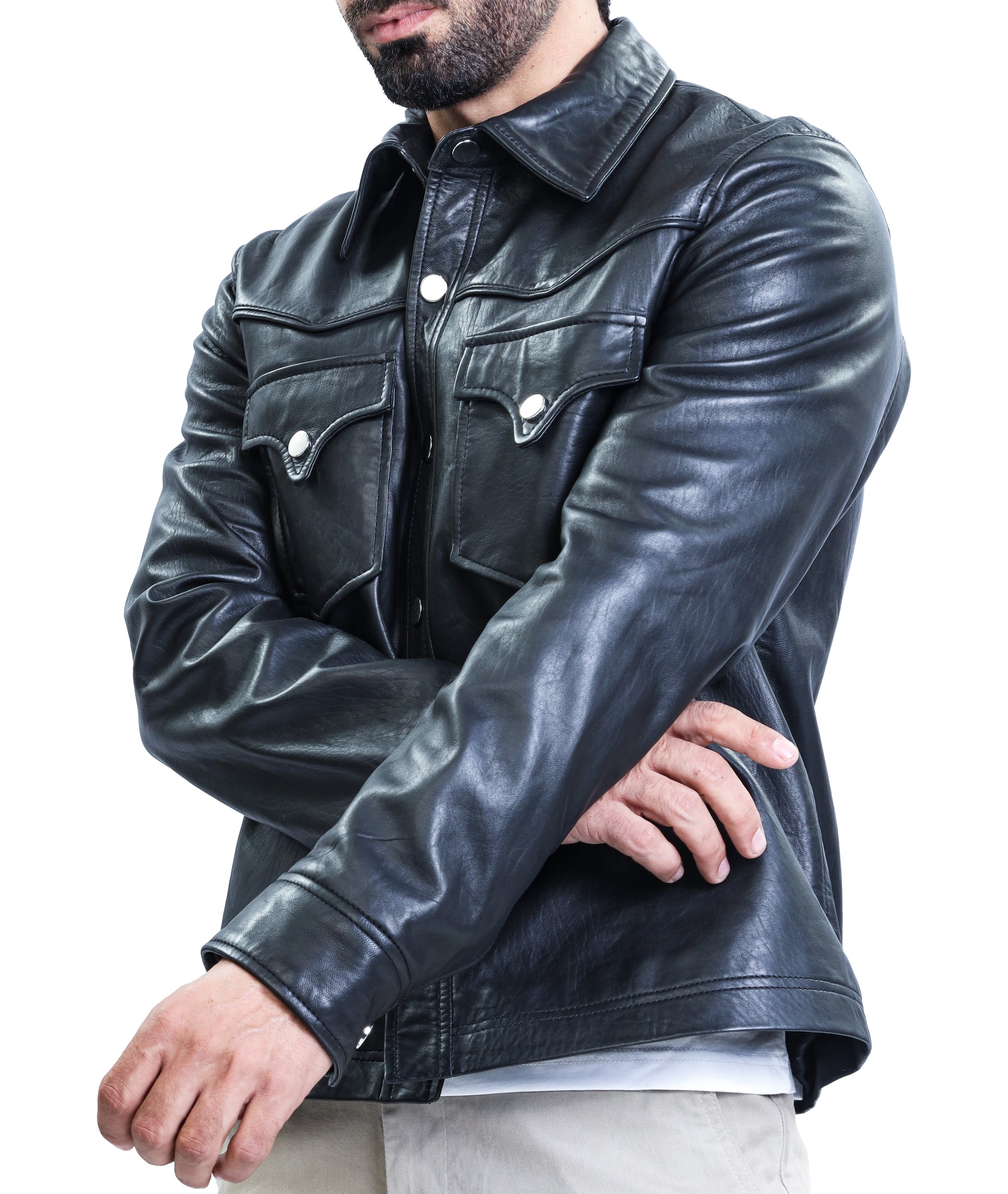 Leather Shirt - Lambskin Leather Blazer Men (Black)