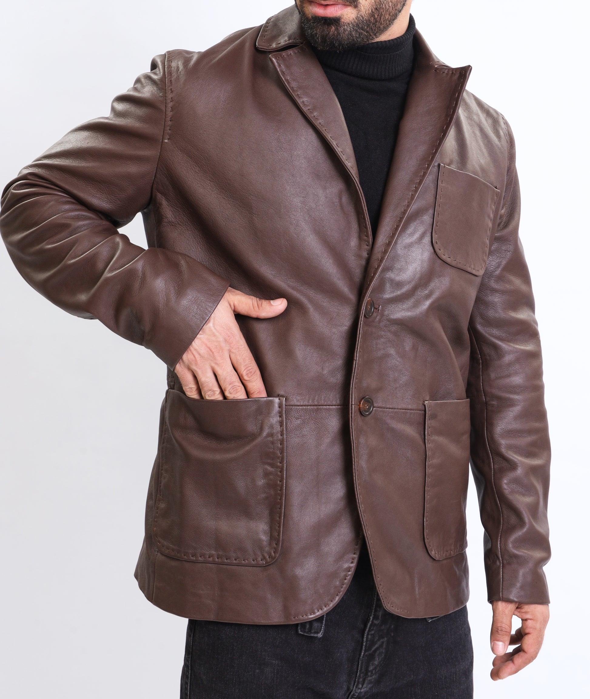 Lambskin Leather Blazer Men Casual Coat (Brown)