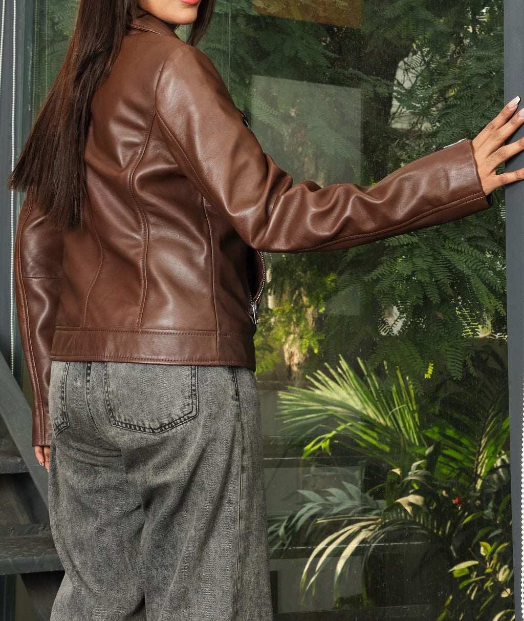 Biker Style Vintage Leather Jacket Women | Zipper (Brown)