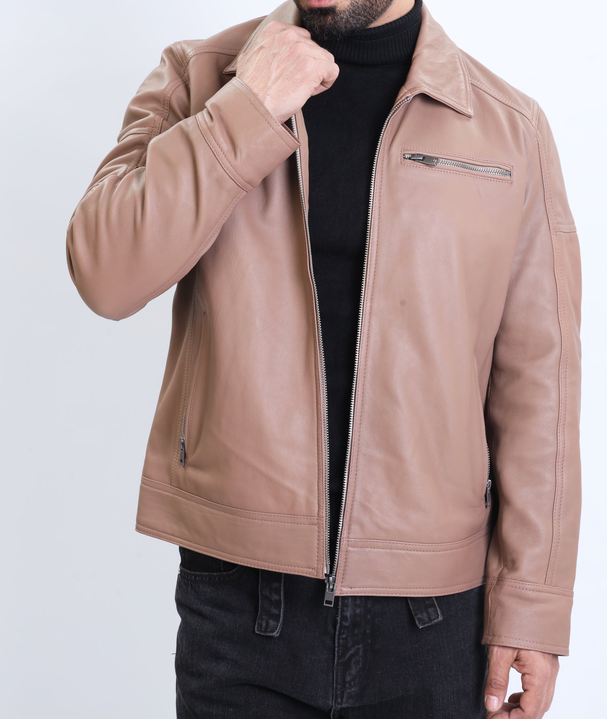 Polo Collar Premium Leather Jacket (Tan)
