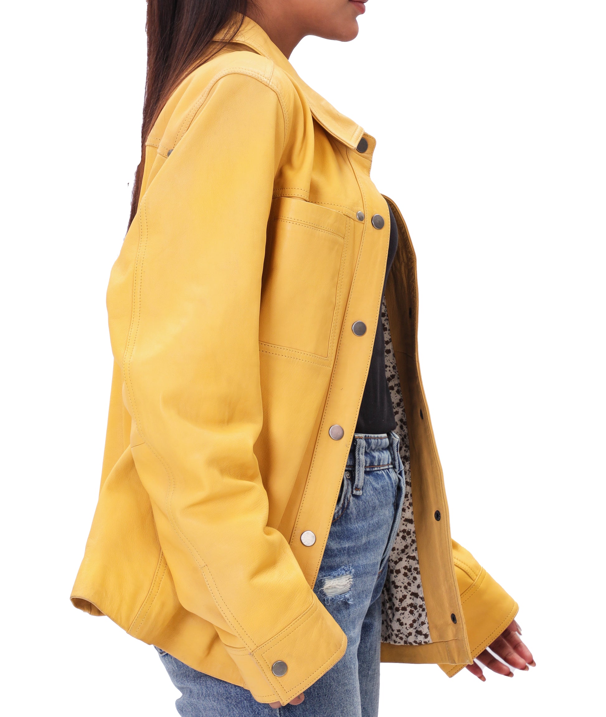 Button Front Lambskin Leather Blazer (Yellow)