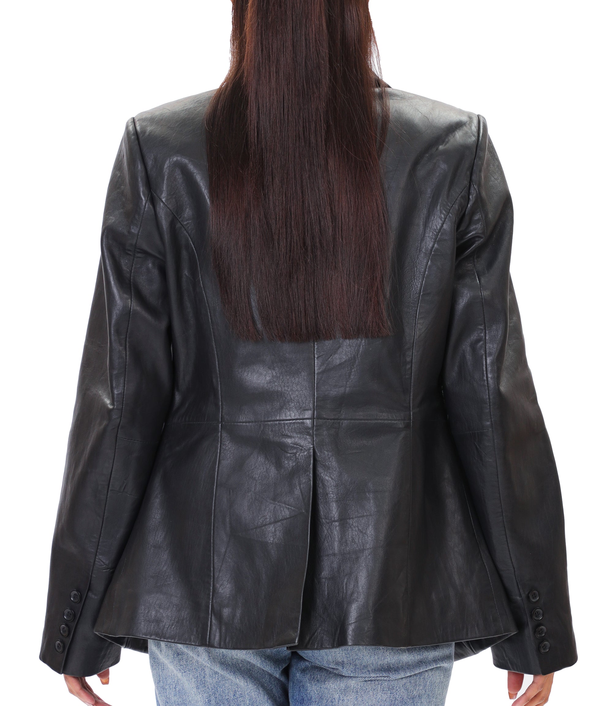 Double Breasted Fancy Buttons Lambskin Leather Blazer (Black)
