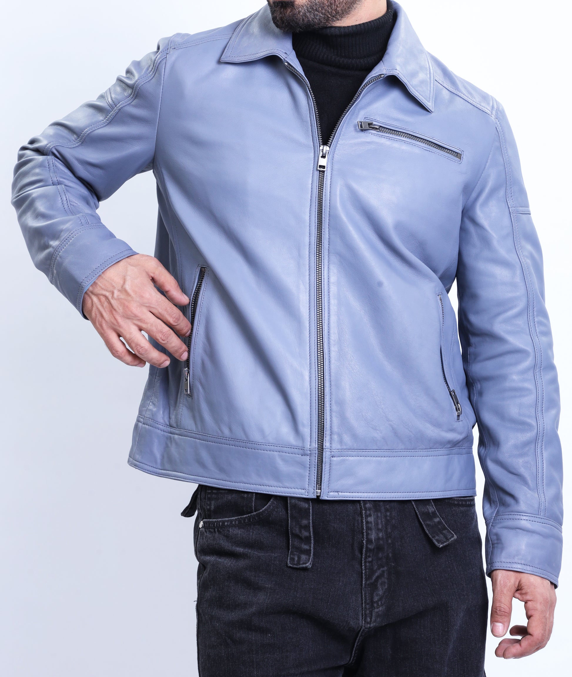 Polo Collar Premium Leather Jacket (Blue)