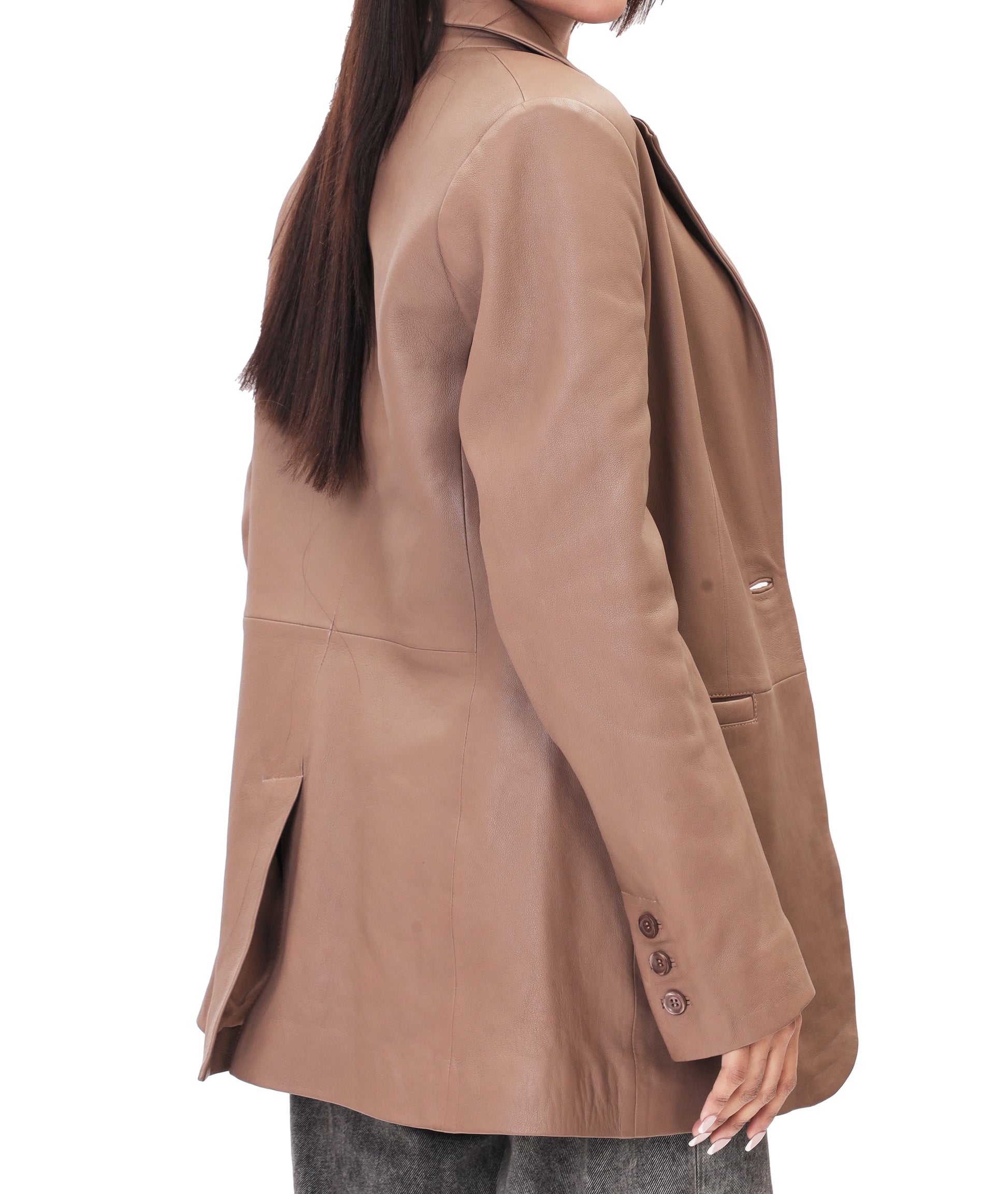 Classic 2-Button Lambskin Leather Blazer (Tan)