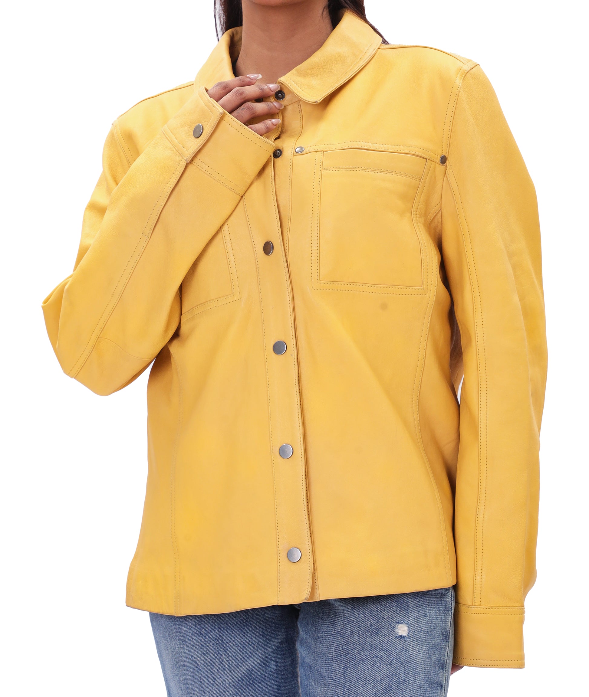 Button Front Lambskin Leather Blazer (Yellow)