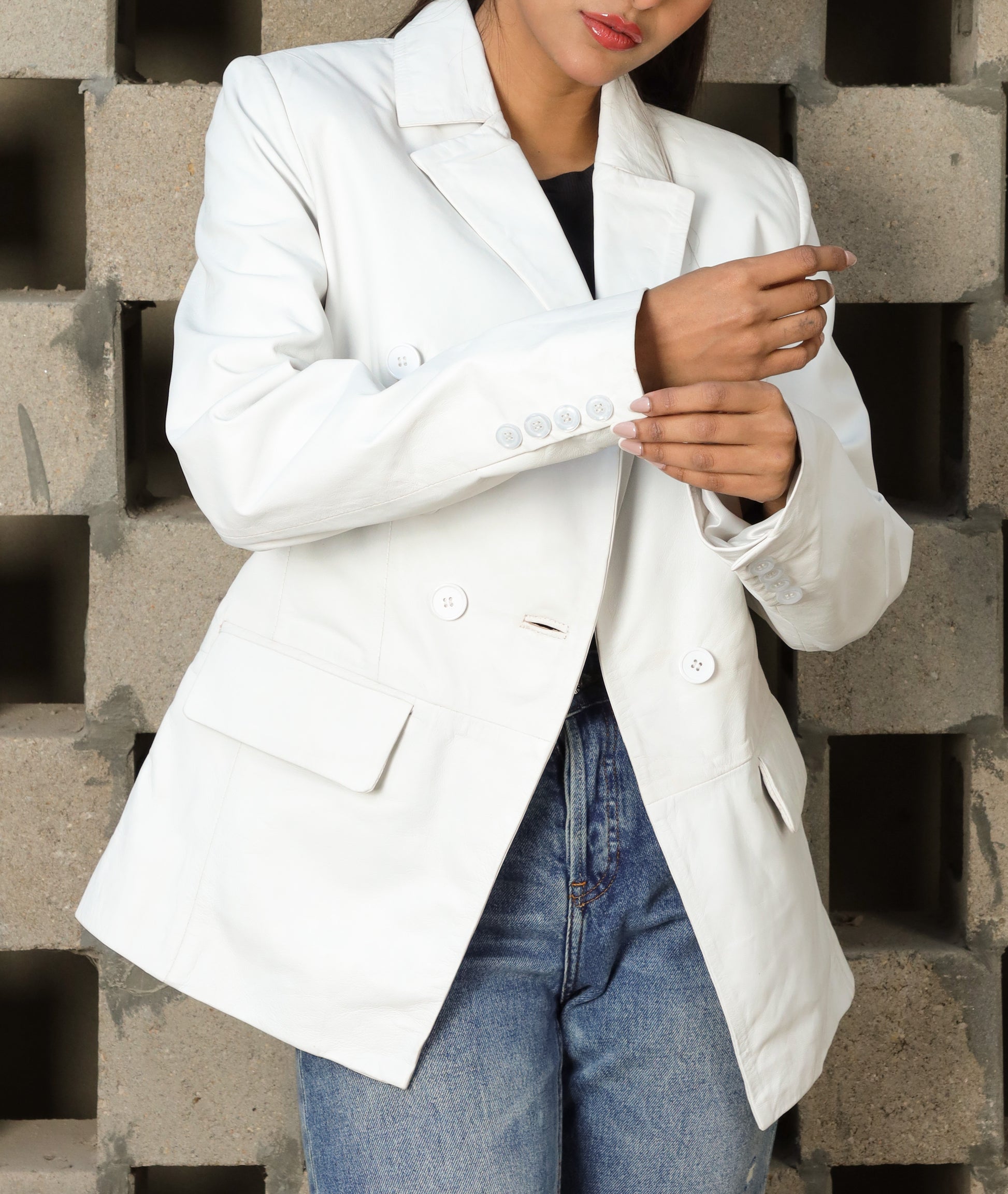 Double Breasted Fancy Buttons Lambskin Leather Blazer (White)