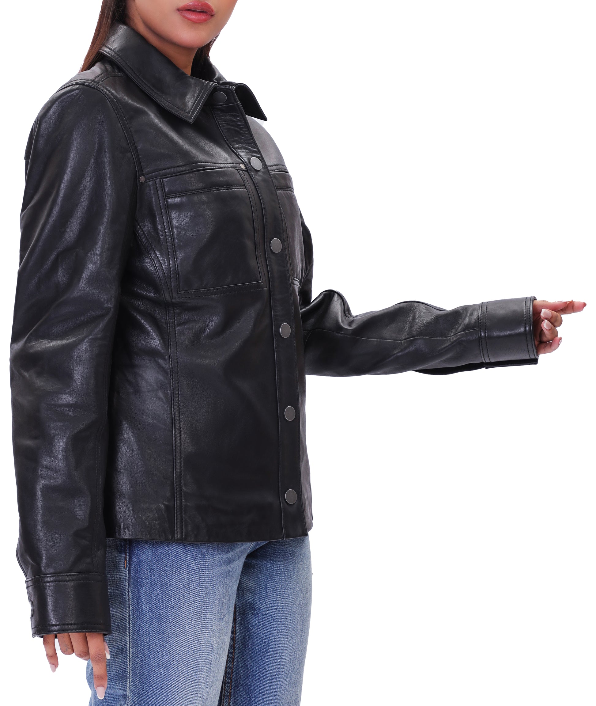 Button Front Lambskin Leather Blazer (Black)