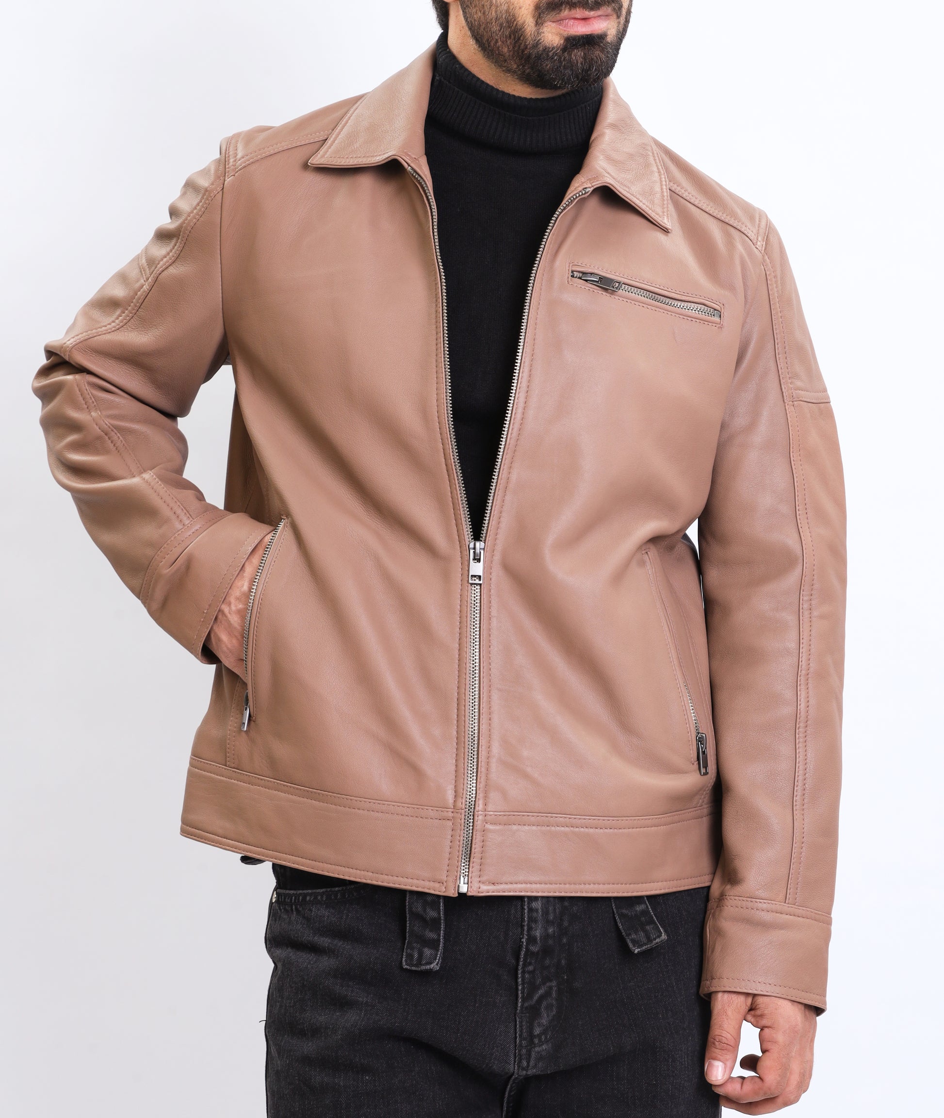 Polo Collar Premium Leather Jacket (Tan)