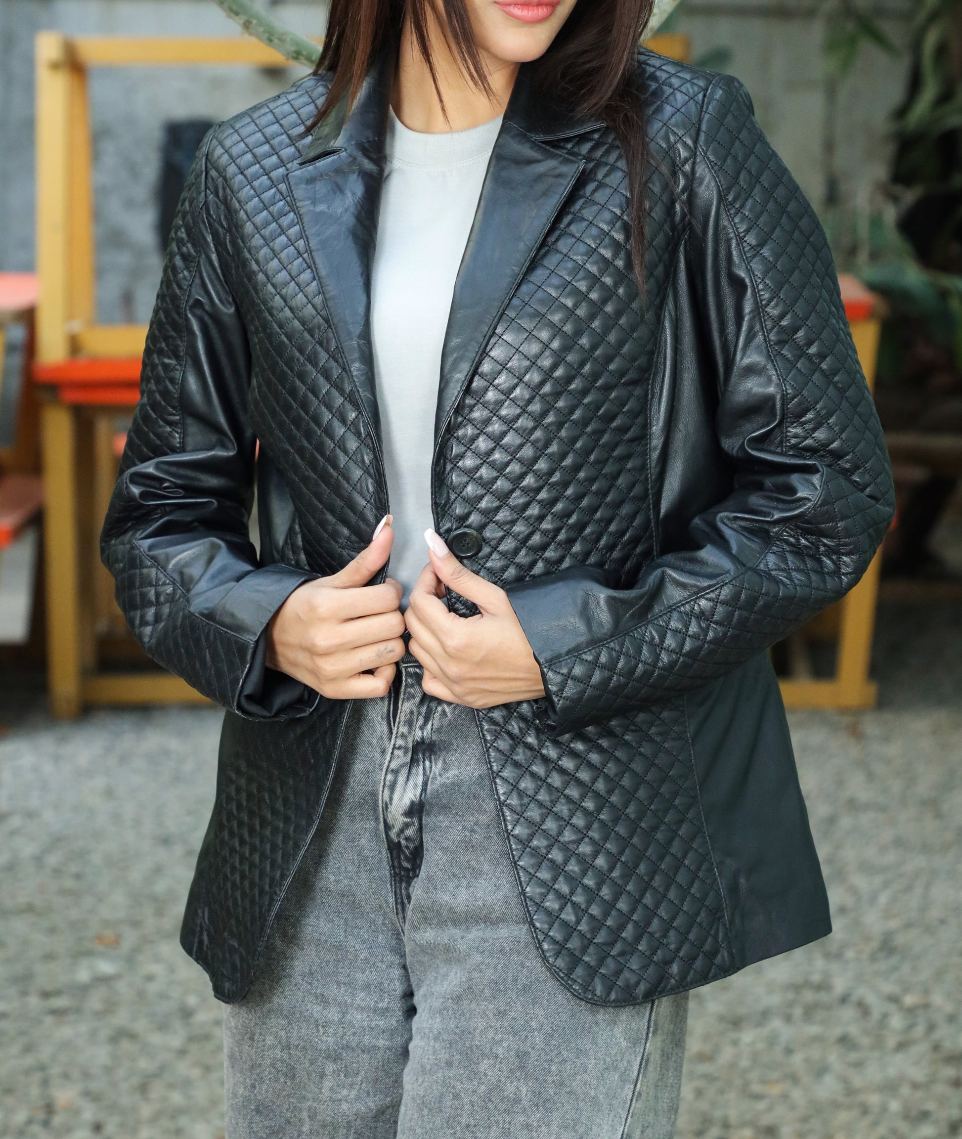 Quilted Front Lambskin Leather Blazer (Black)