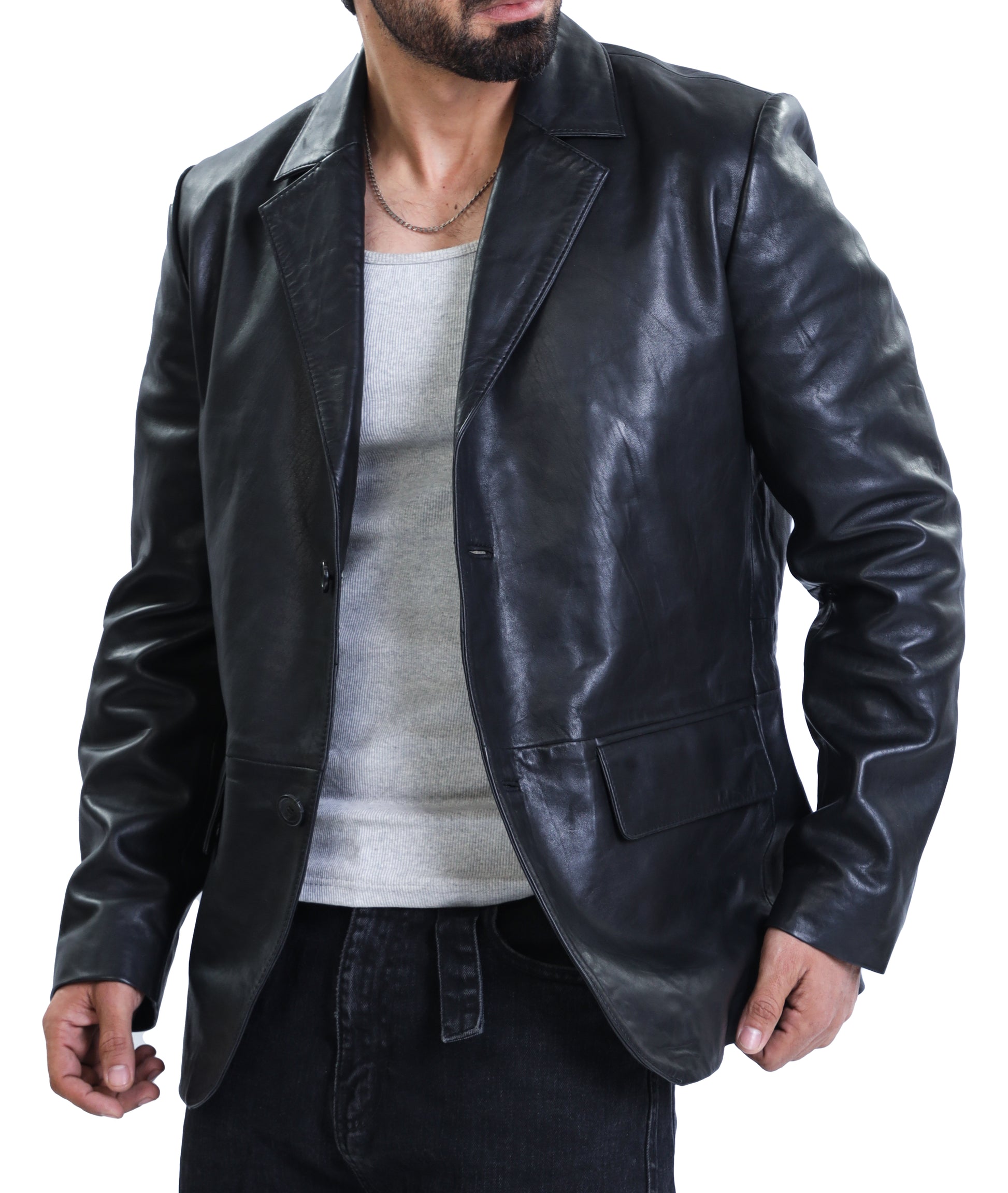 Notched Collar Classic Bond’s Style Ultimate Leather Blazer (Black)