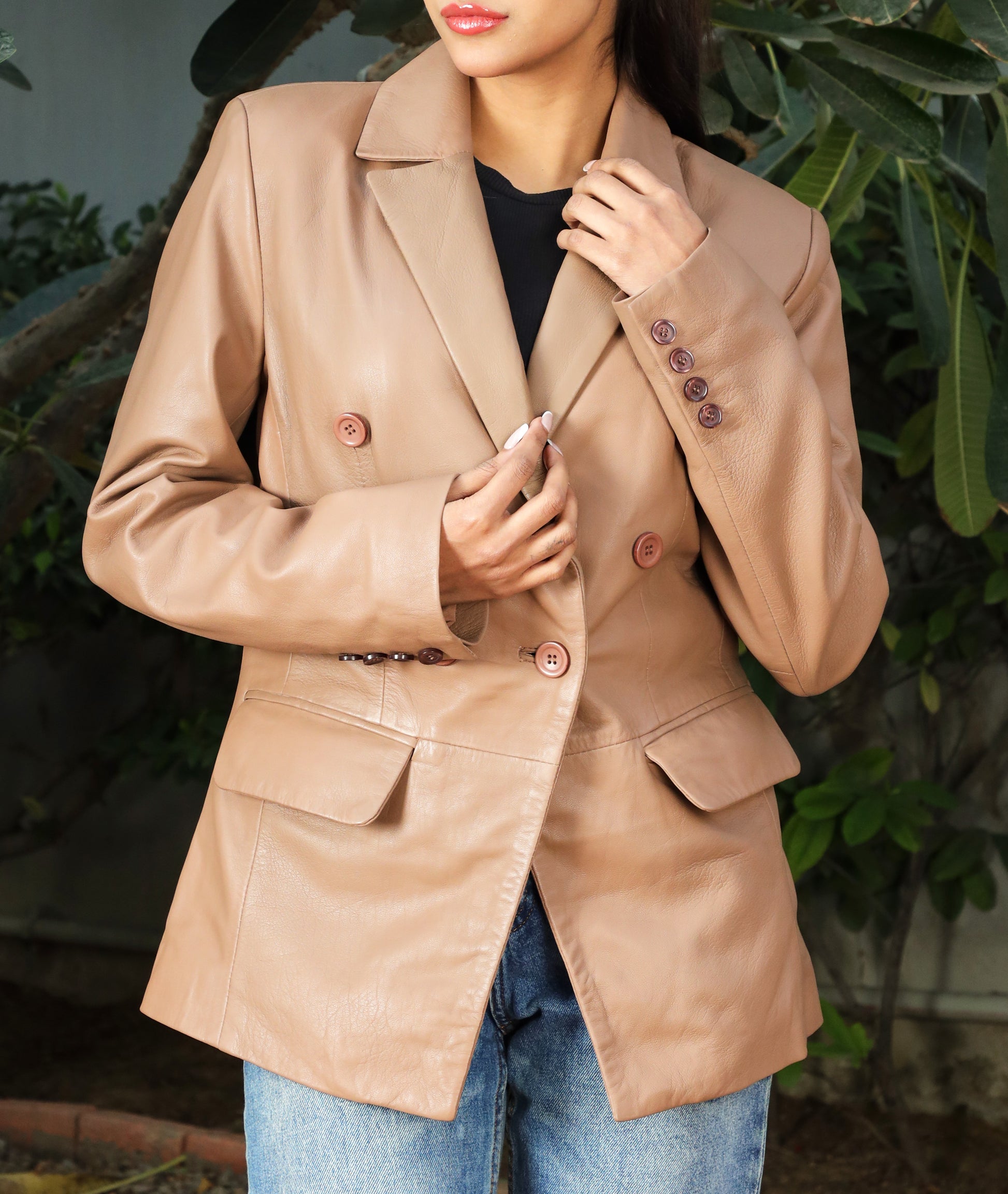 Double Breasted Fancy Buttons Lambskin Leather Blazer (Tan)