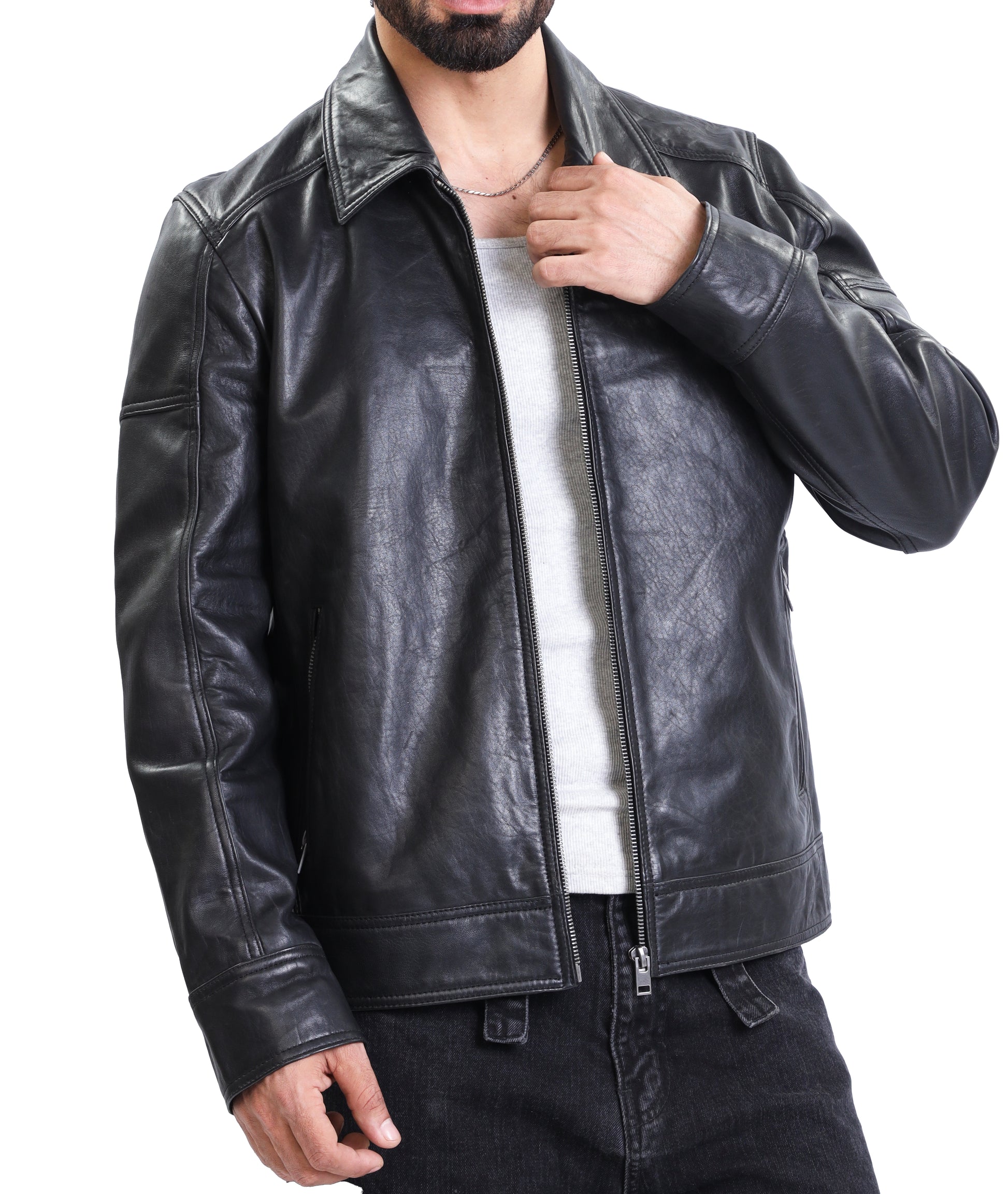 Polo Collar Premium Leather Jacket (Black)