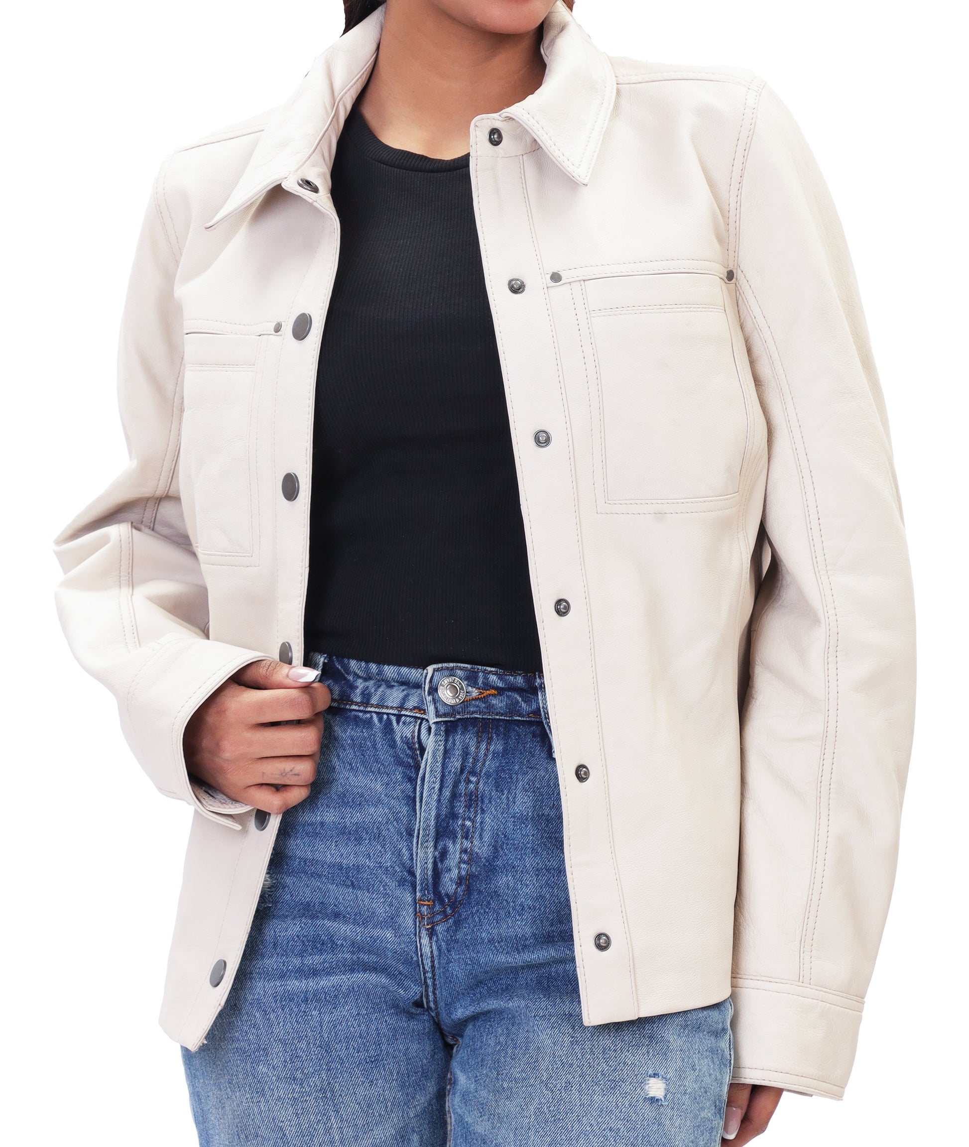 Button Front Lambskin Leather Blazer (Ash White)