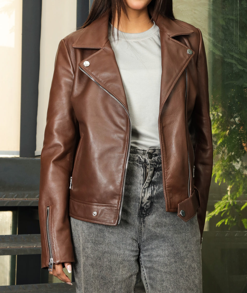 Biker Style Vintage Leather Jacket Women | Zipper (Brown)