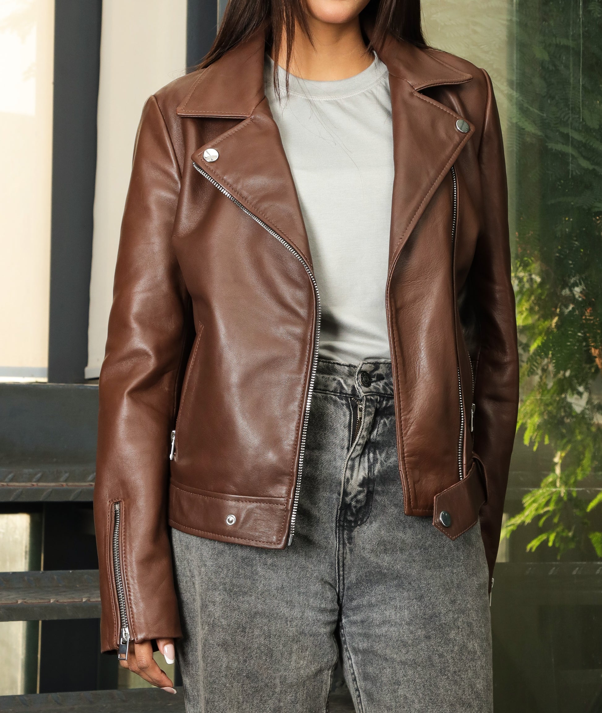 Biker Style Vintage Leather Jacket Women | Zipper (Brown)