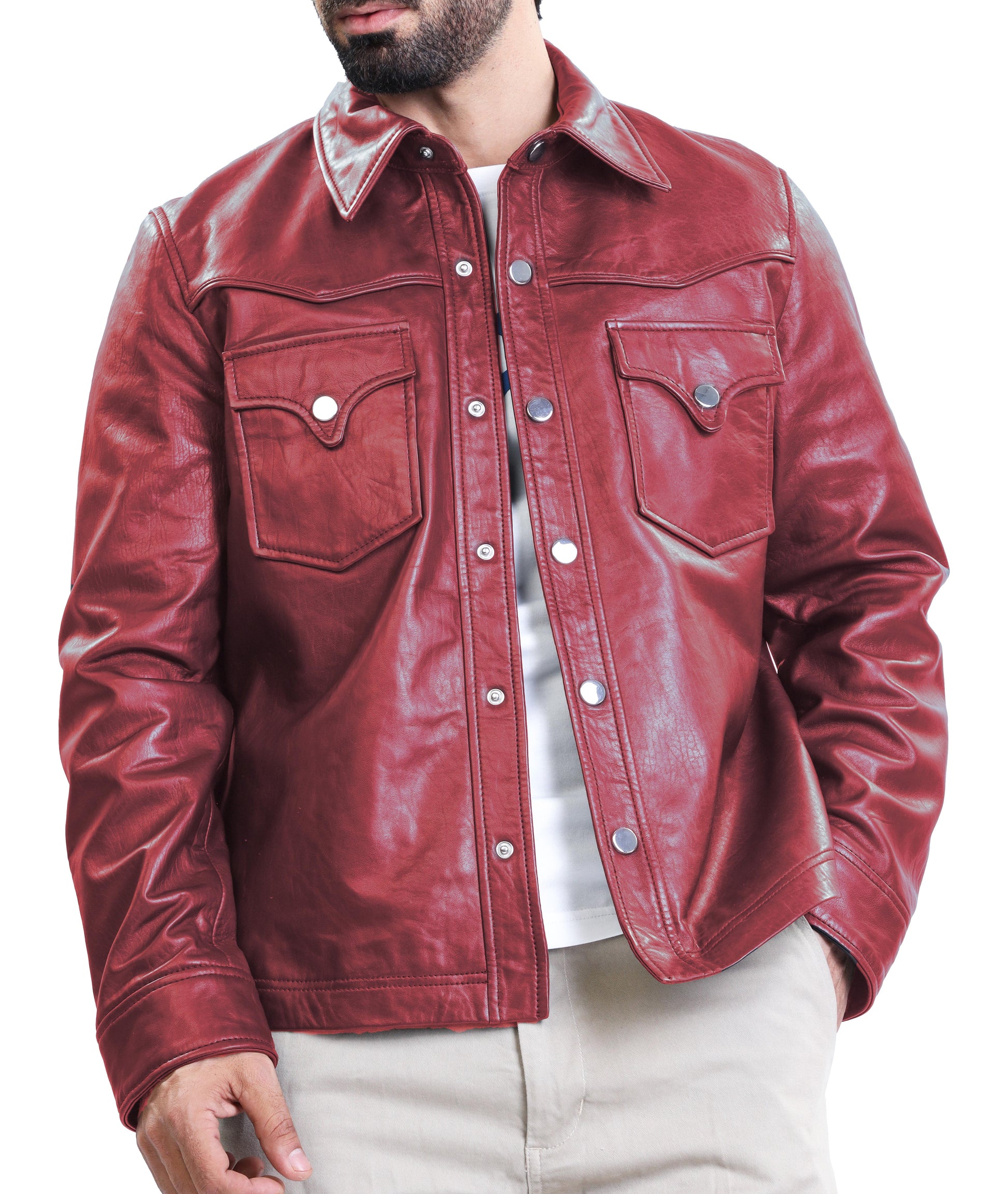 Leather Shirt - Lambskin Leather Blazer Men (Burgundy)