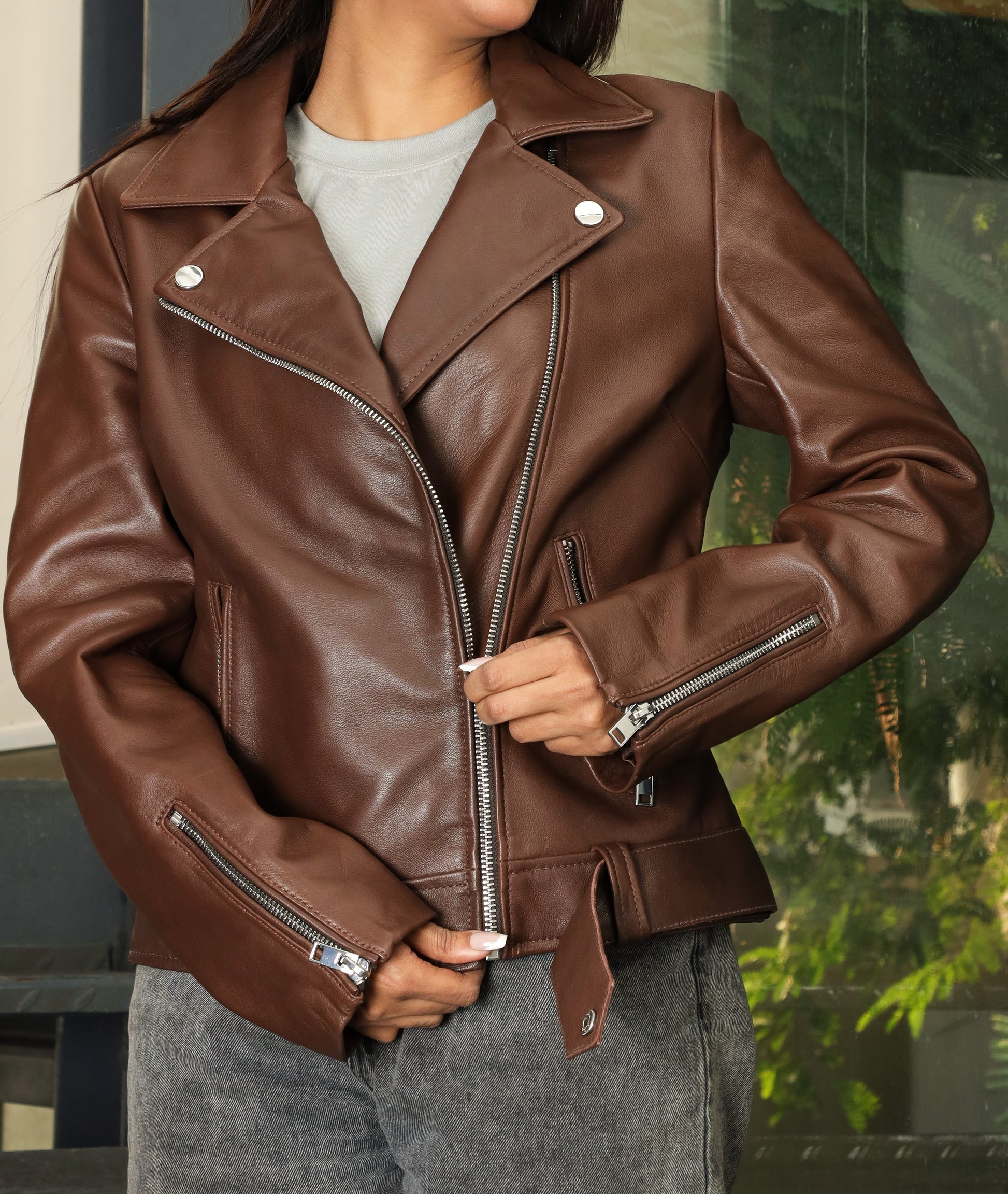 Biker Style Vintage Leather Jacket Women | Zipper (Brown)