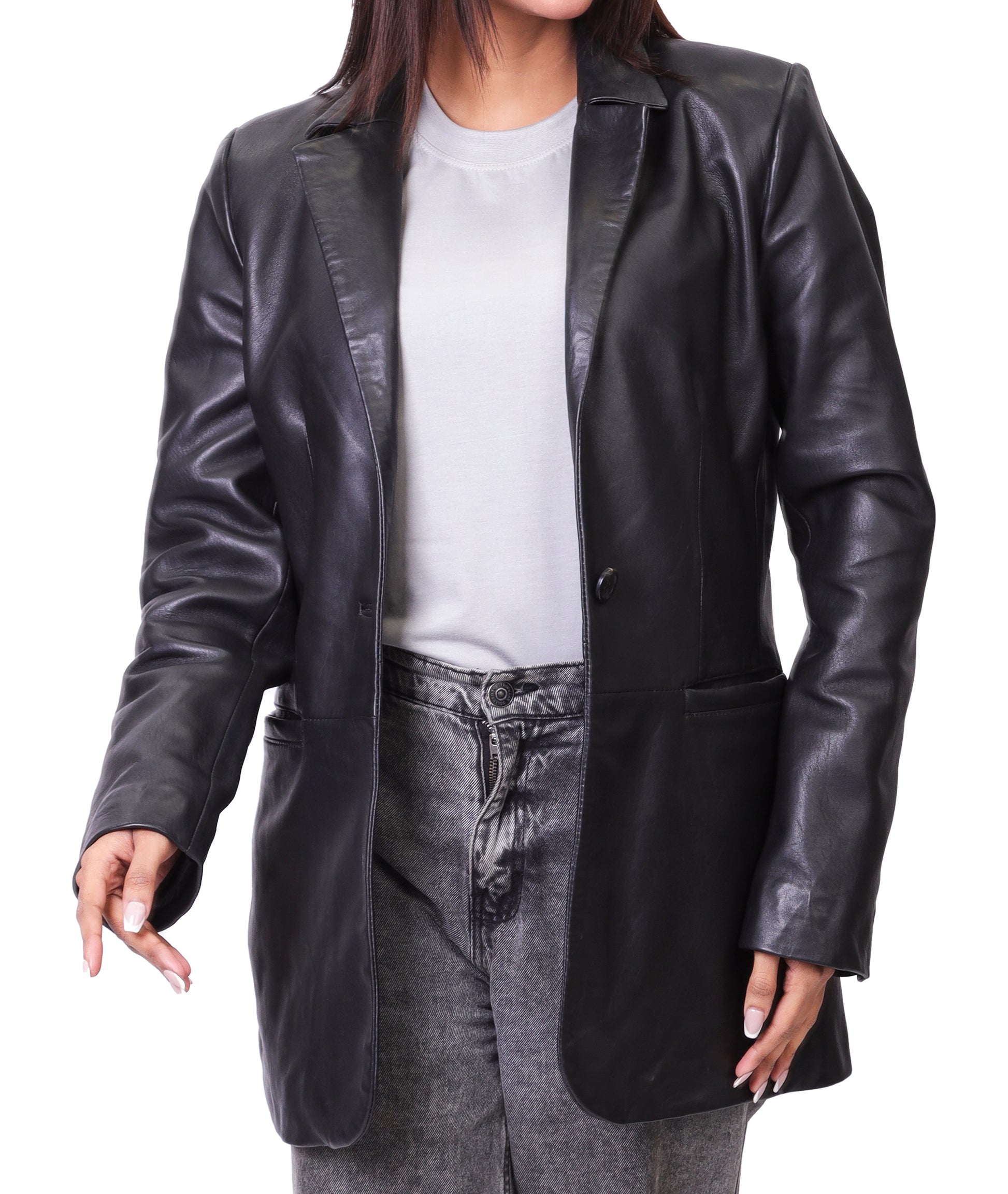 Classic 2-Button Lambskin Leather Blazer (Black)