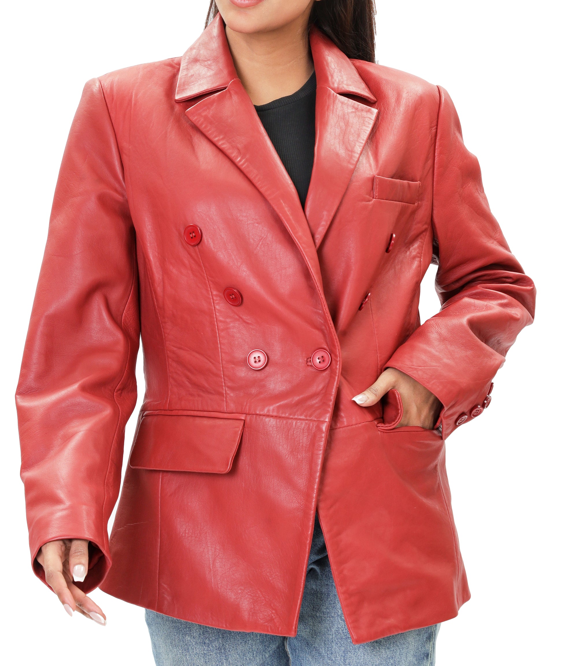 Double Breasted Fancy Buttons Lambskin Leather Blazer (Red)