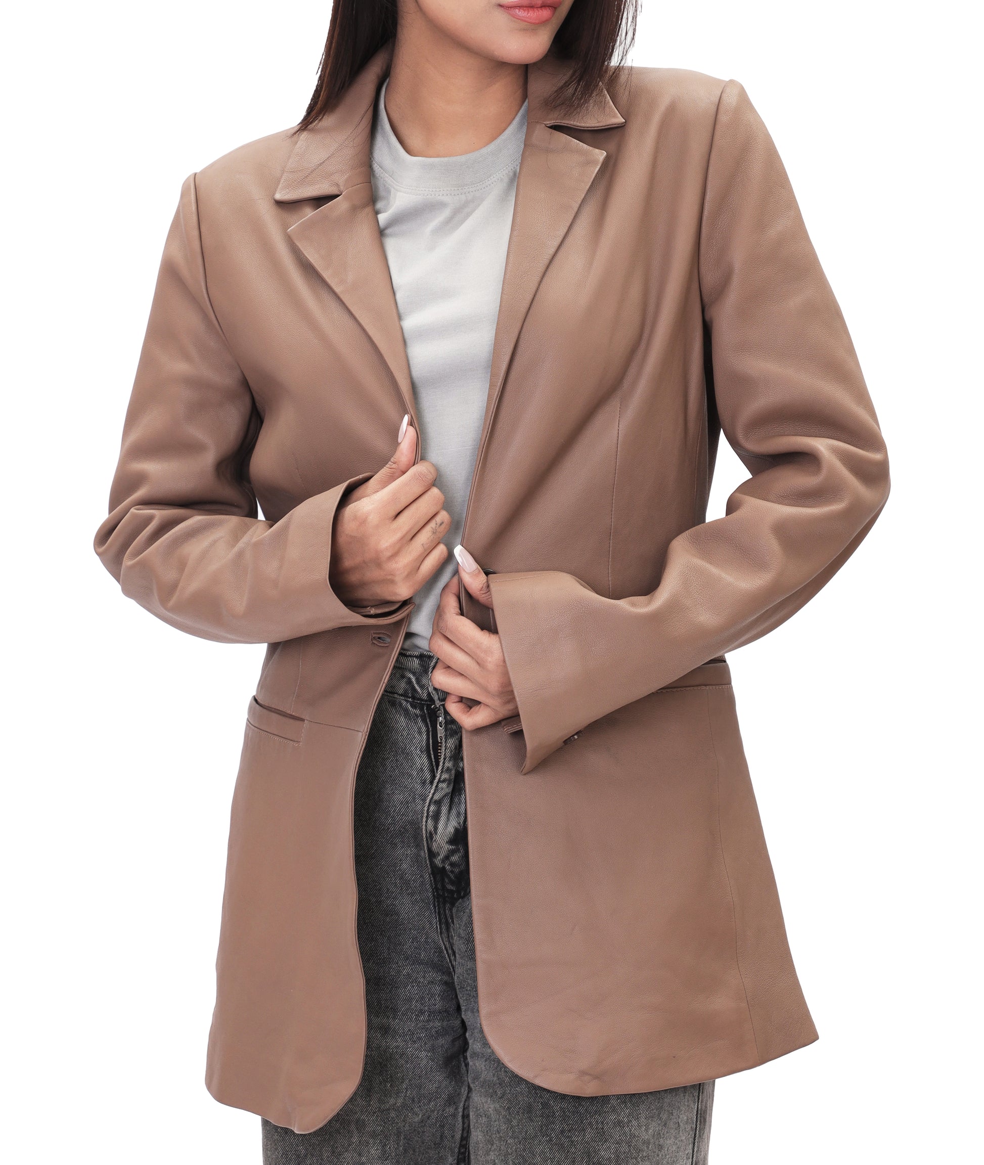 Classic 2-Button Lambskin Leather Blazer (Tan)