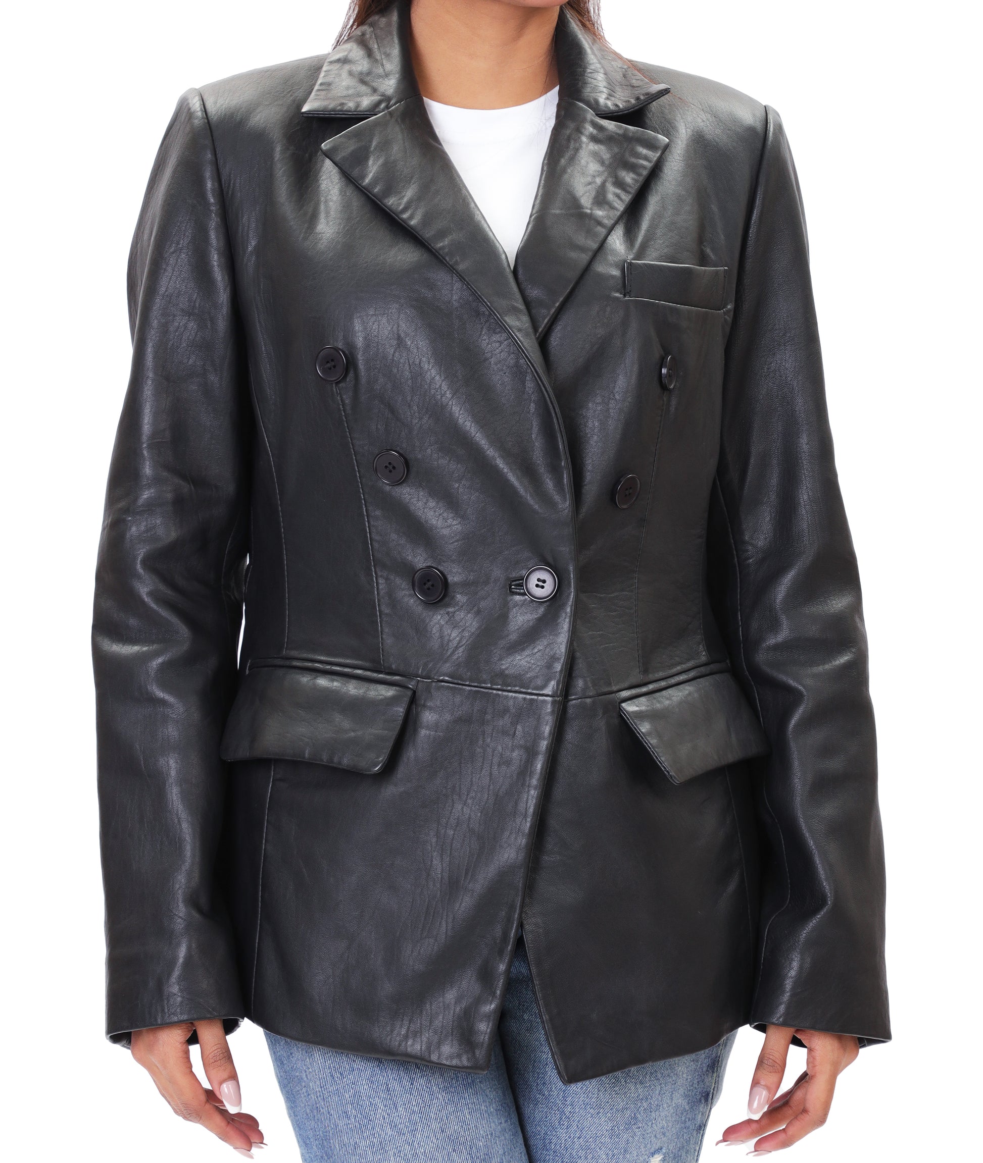 Double Breasted Fancy Buttons Lambskin Leather Blazer (Black)
